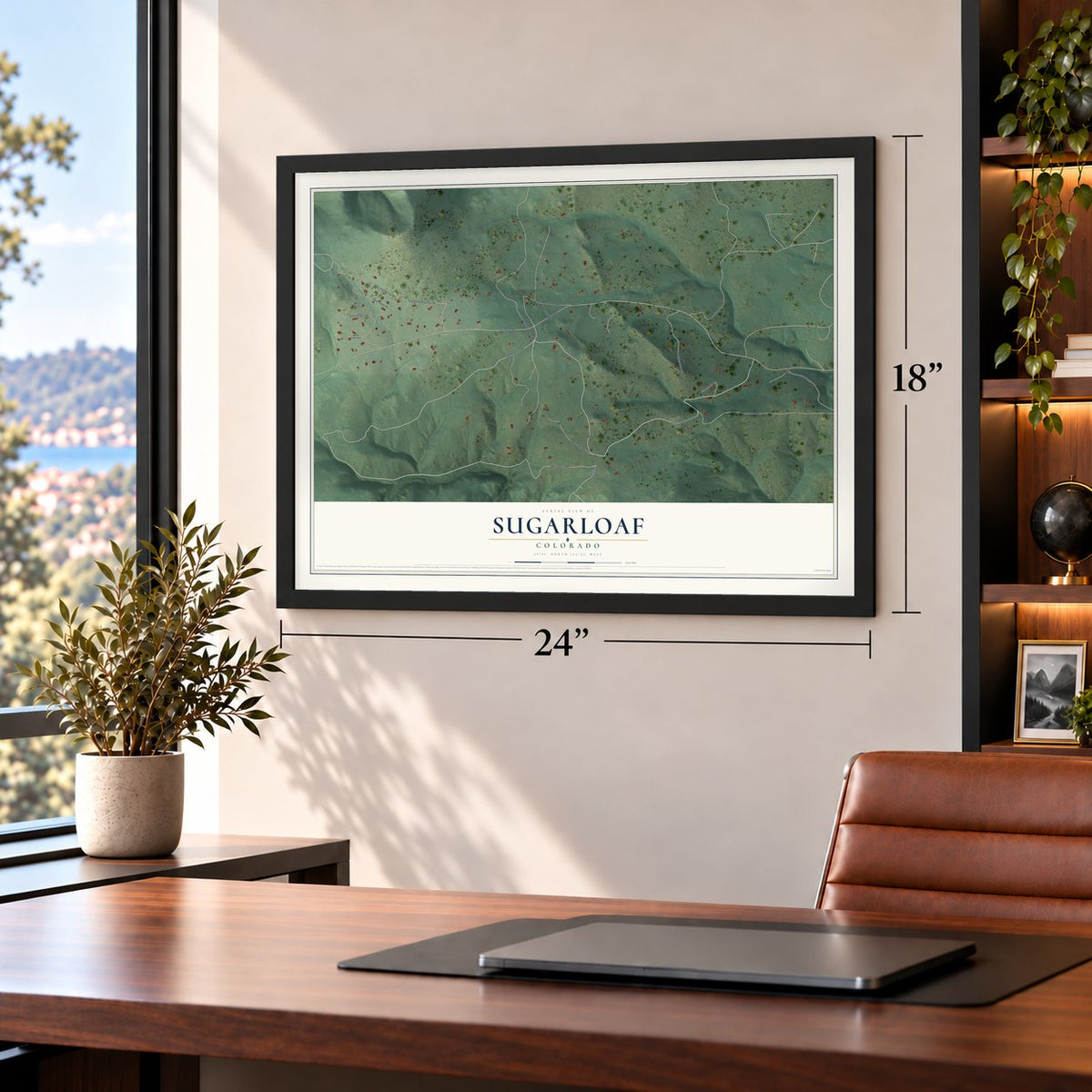 Sugarloaf, Colorado map, 18 x 24 inch print in a black frame in a home office