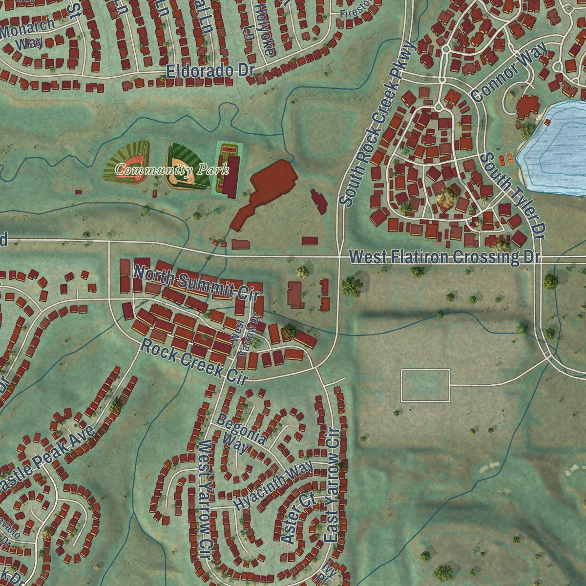 Second close-up of the map of Superior, Colorado print showing more streets and buildings