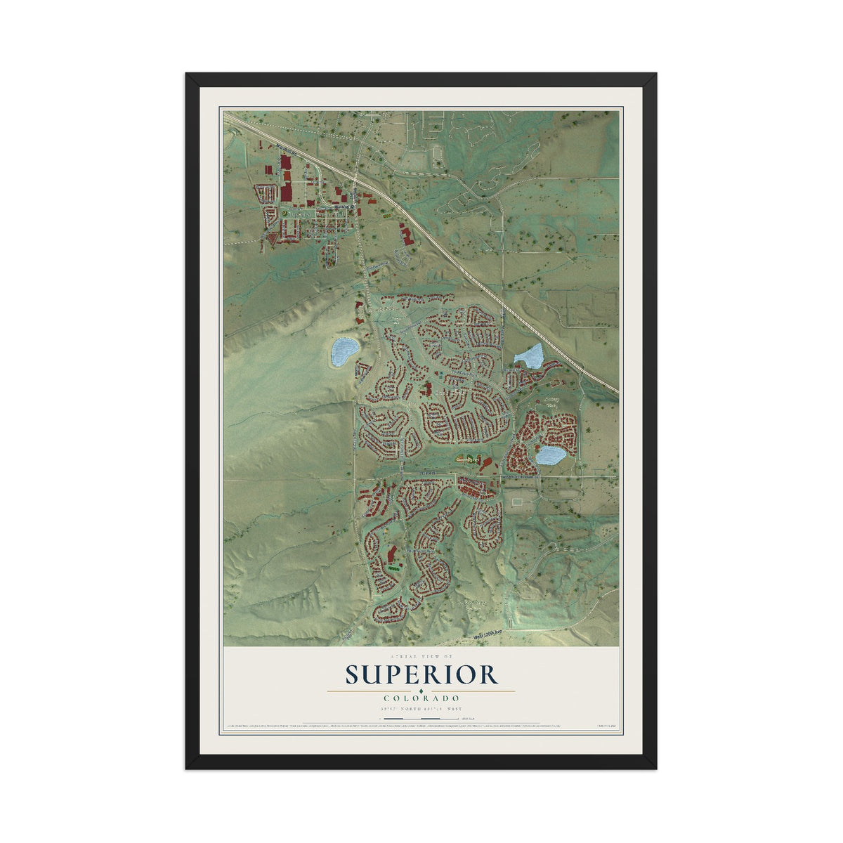 Map of Superior, Colorado, 12 x 18 inch print in a black wood frame