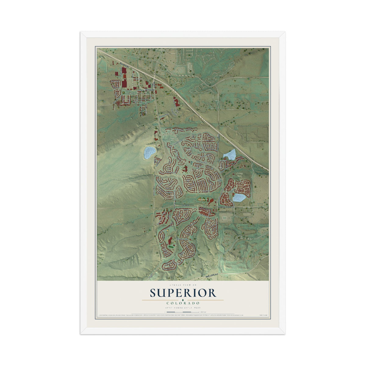 Map of Superior, Colorado, 12 x 18 inch print in a white wood frame