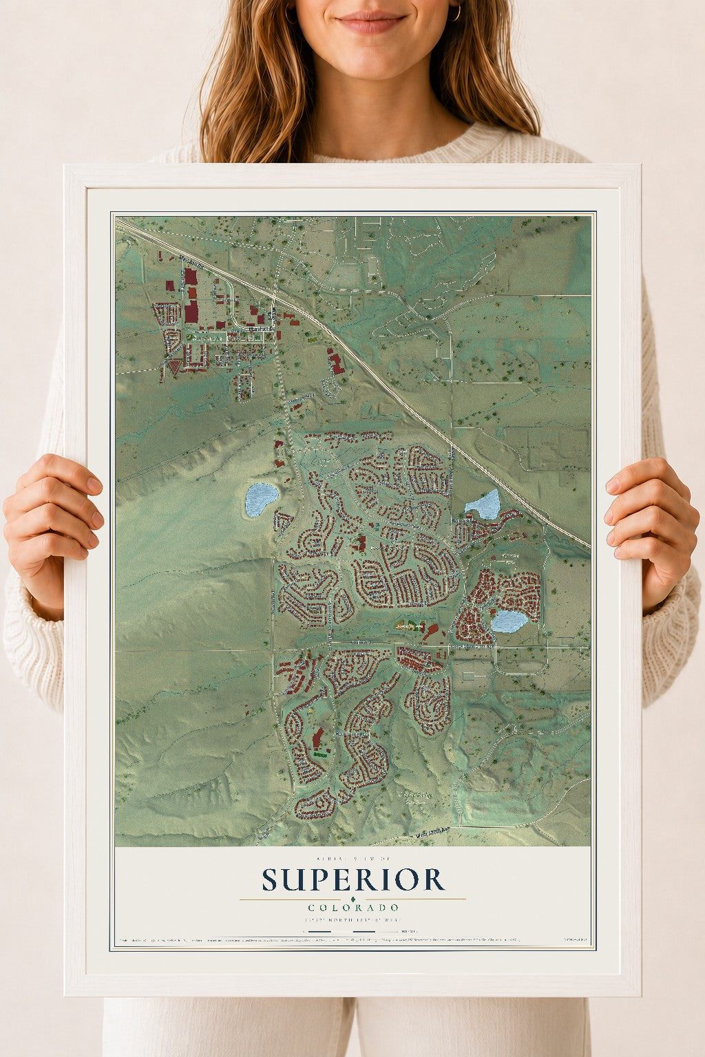 Map of Superior, Colorado, 18 x 24 inch print in a white wood frame