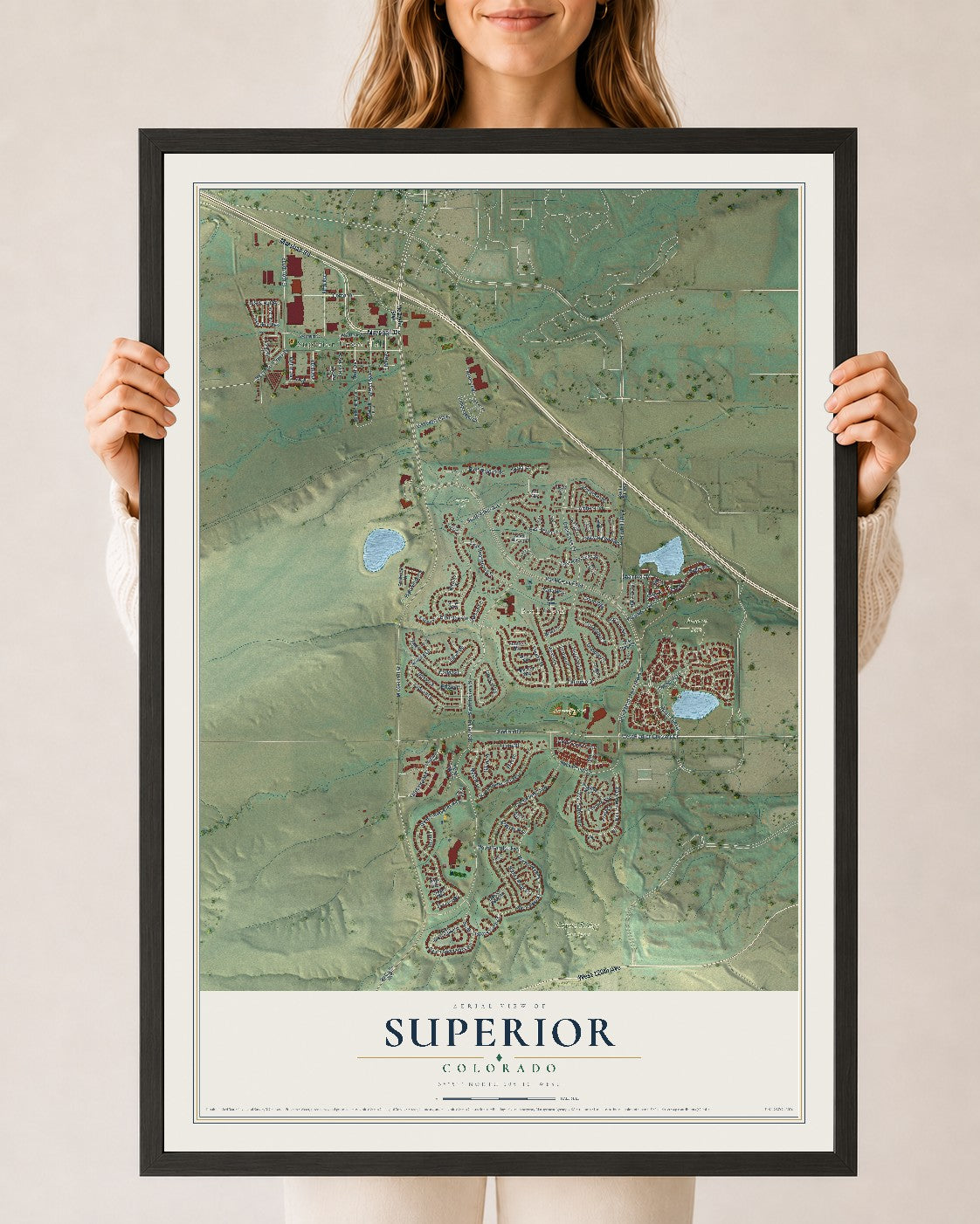 Map of Superior, Colorado, 24 x 36 inch print in a black wood frame
