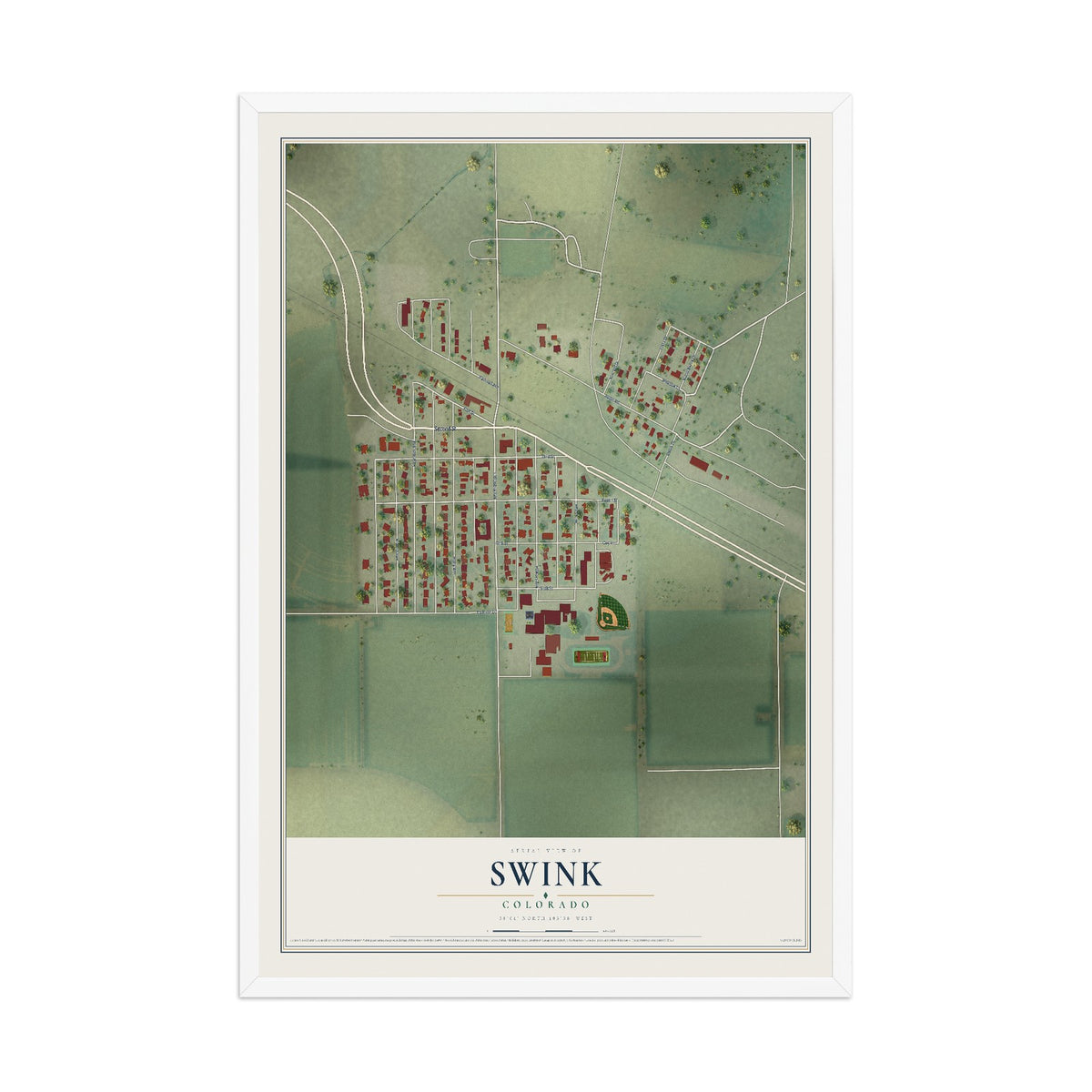 Map of Swink, Colorado, 12 x 18 inch print in a white wood frame
