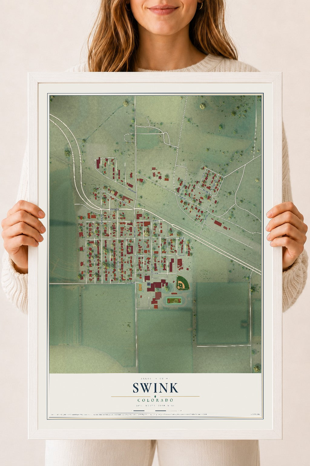 Map of Swink, Colorado, 18 x 24 inch print in a white wood frame
