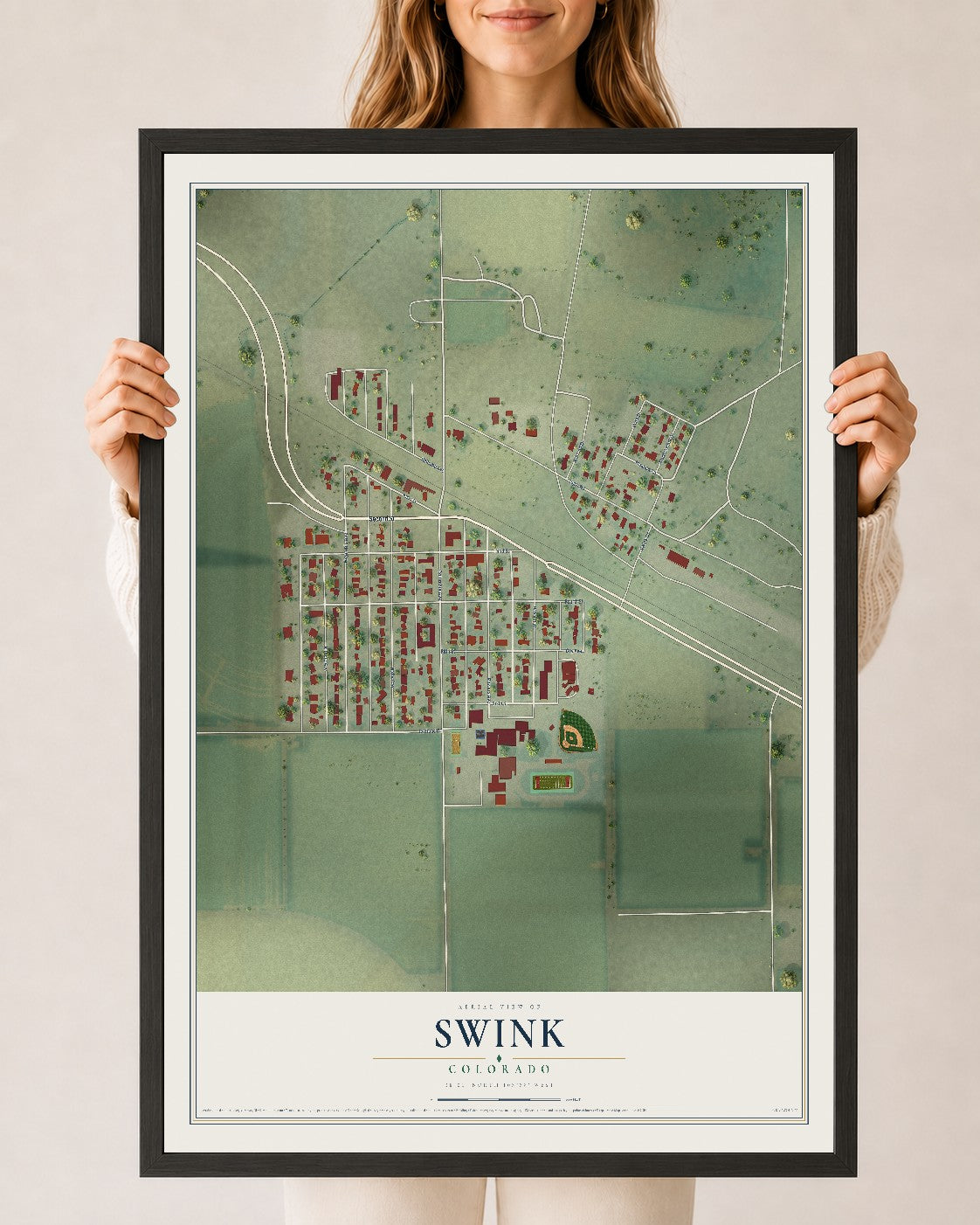 Map of Swink, Colorado, 24 x 36 inch print in a black wood frame
