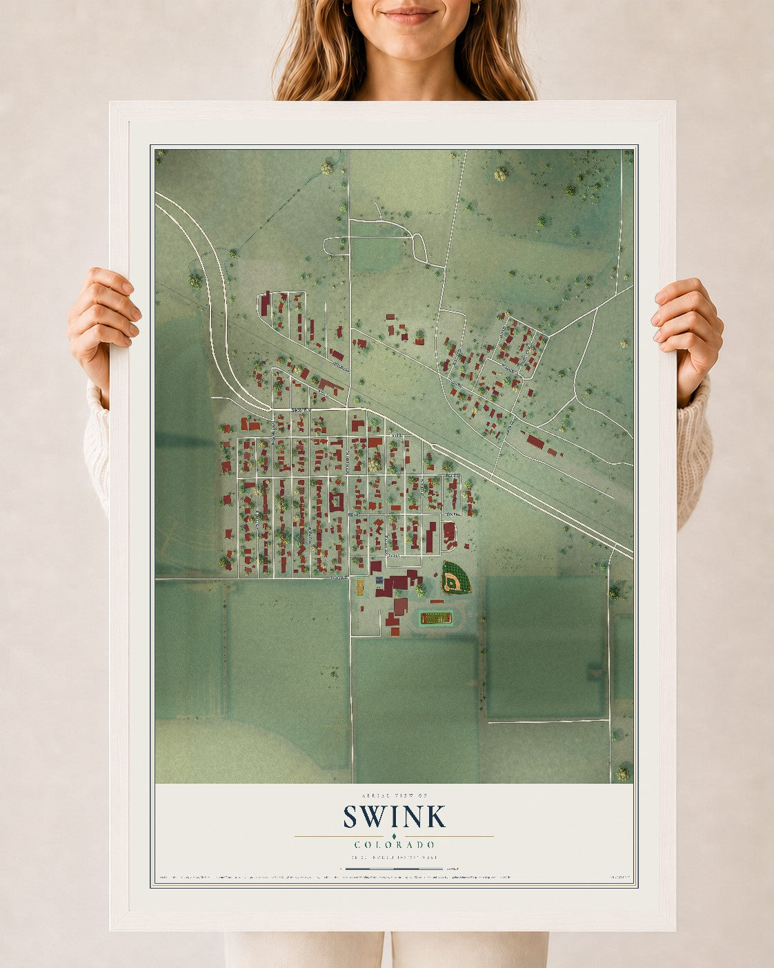 Map of Swink, Colorado, 24 x 36 inch print in a white wood frame