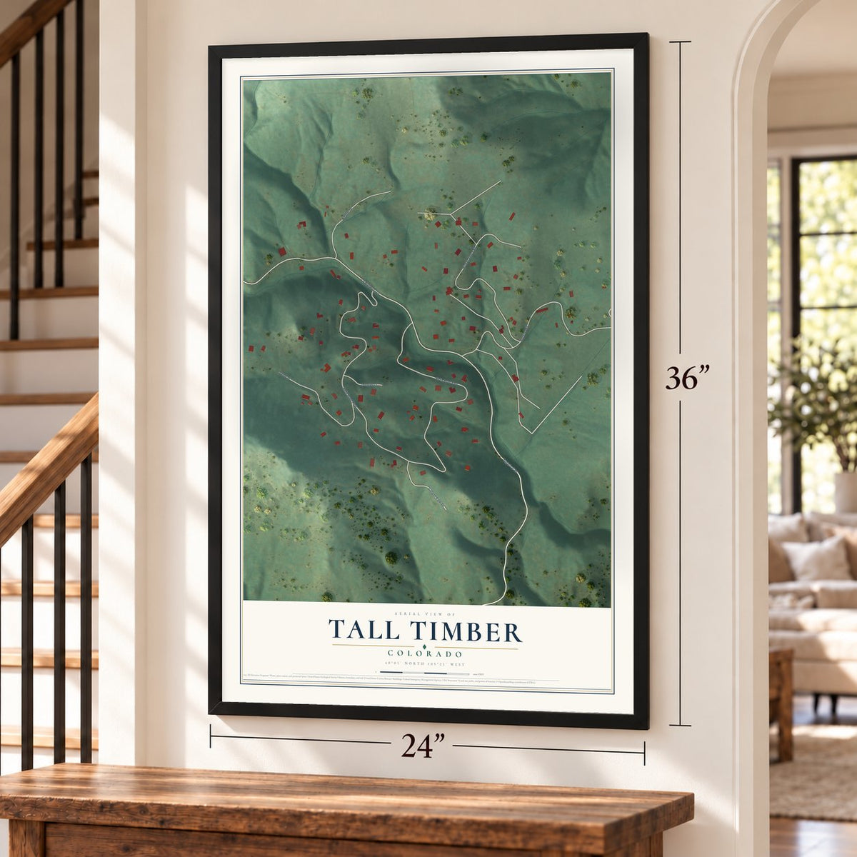 Tall Timber, Colorado map, 24 x 36 inch print in a black frame by a staircase