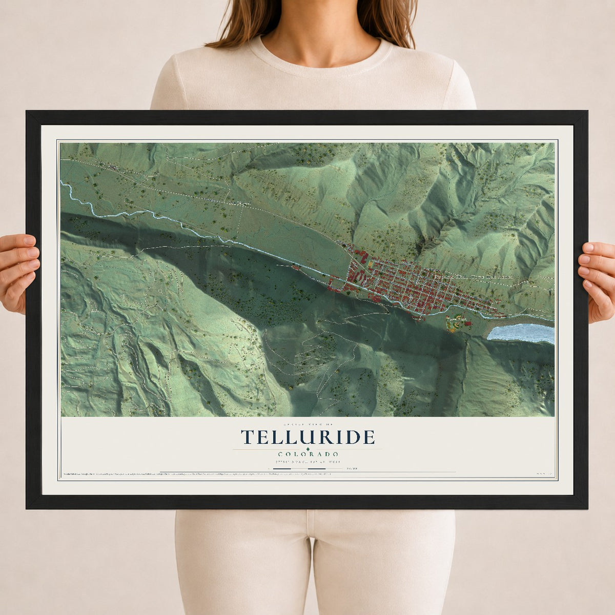 Map of Telluride, Colorado, 18 x 24 inch print in a black wood frame