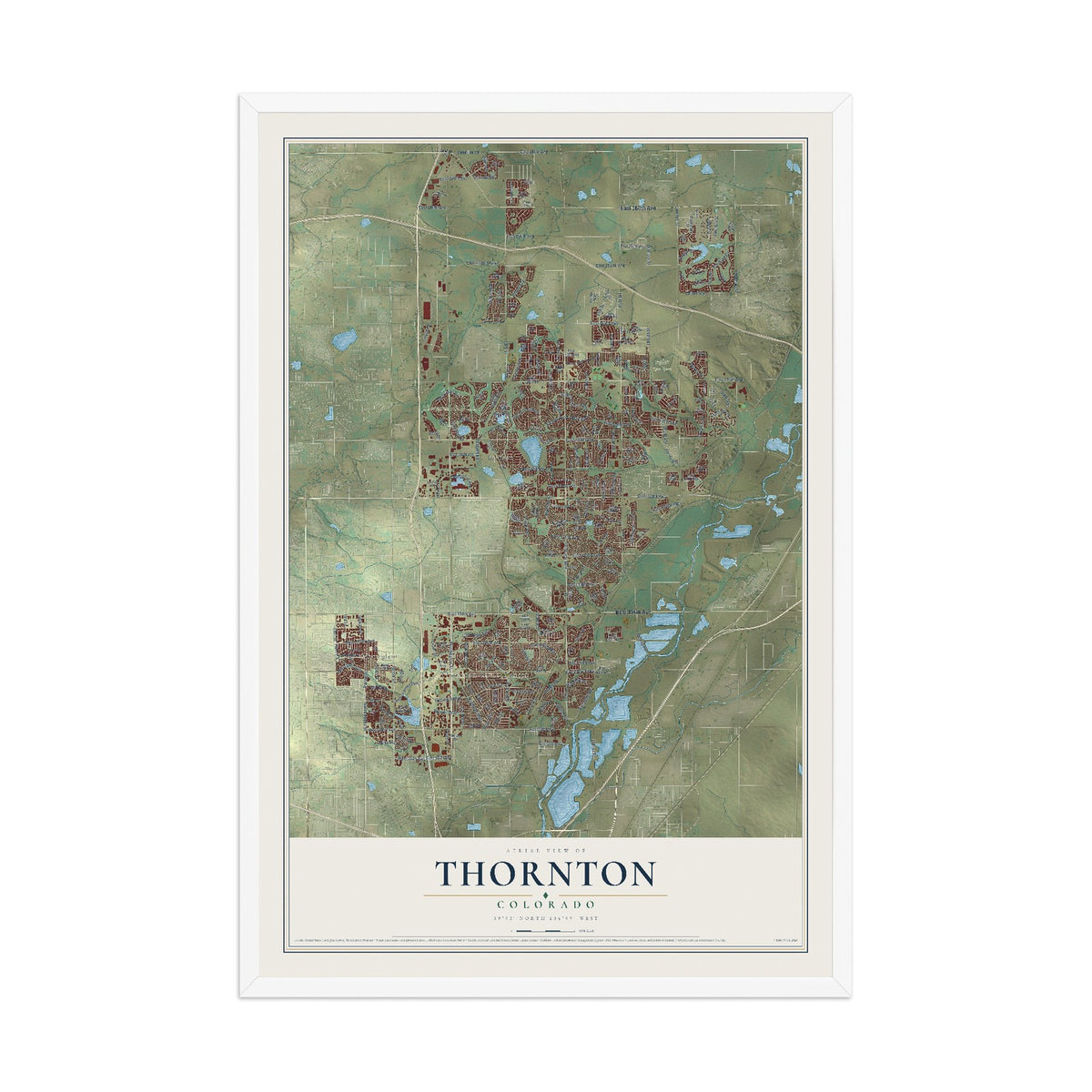 Map of Thornton, Colorado, 12 x 18 inch print in a white wood frame