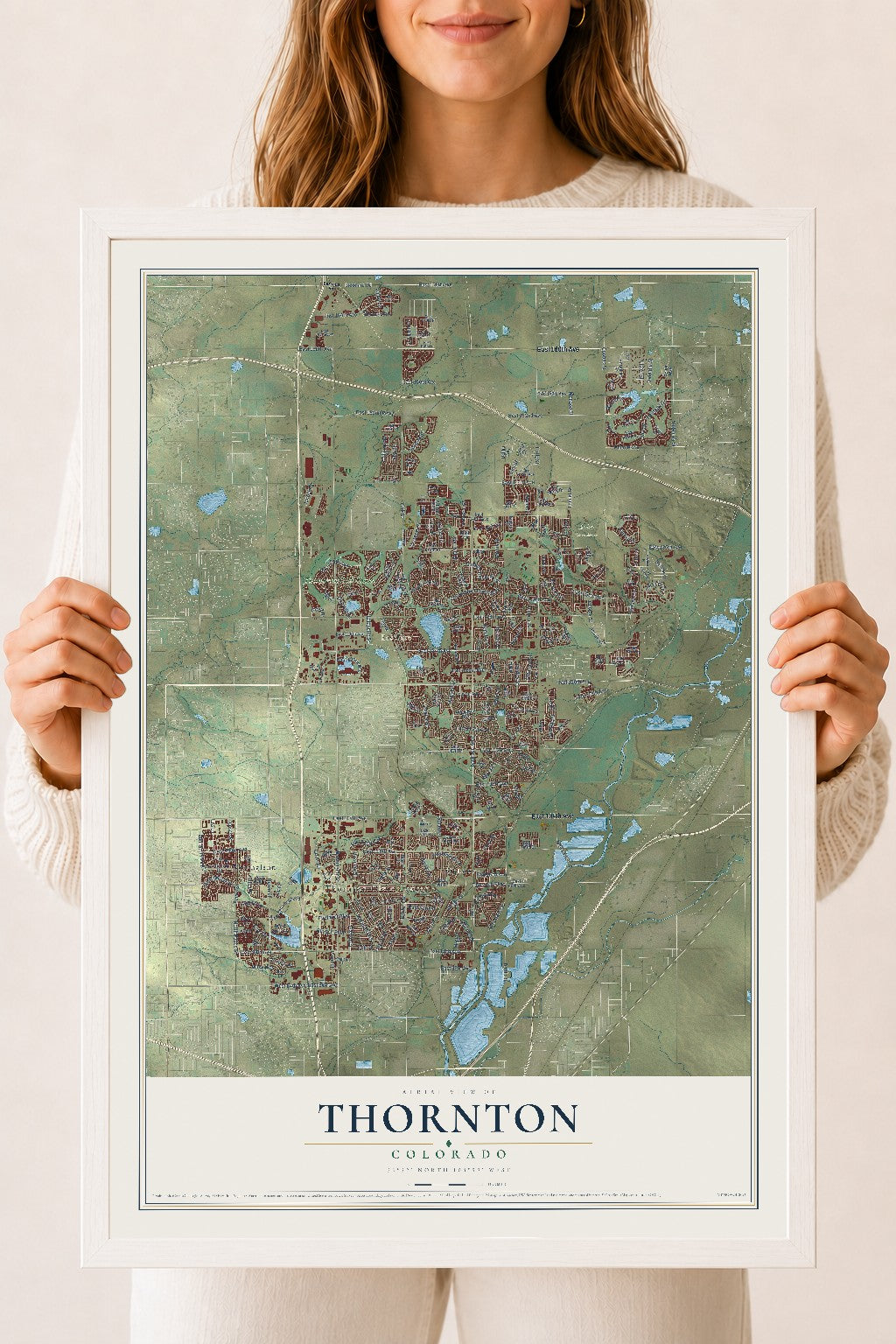 Map of Thornton, Colorado, 18 x 24 inch print in a white wood frame