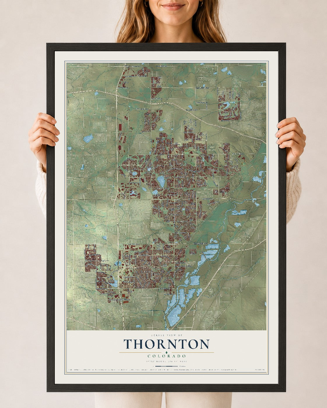 Map of Thornton, Colorado, 24 x 36 inch print in a black wood frame