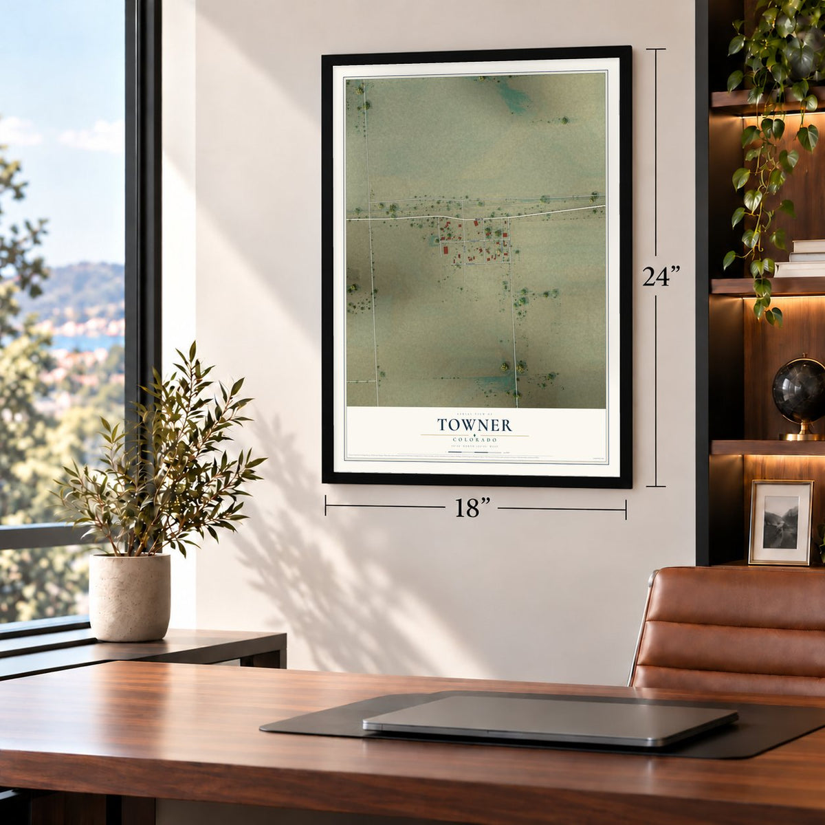 Towner, Colorado map, 18 x 24 inch print in a black frame in a home office