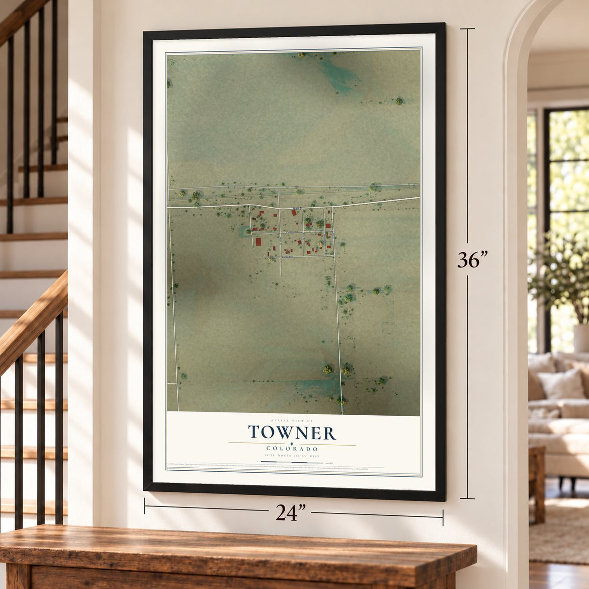 Towner, Colorado map, 24 x 36 inch print in a black frame by a staircase
