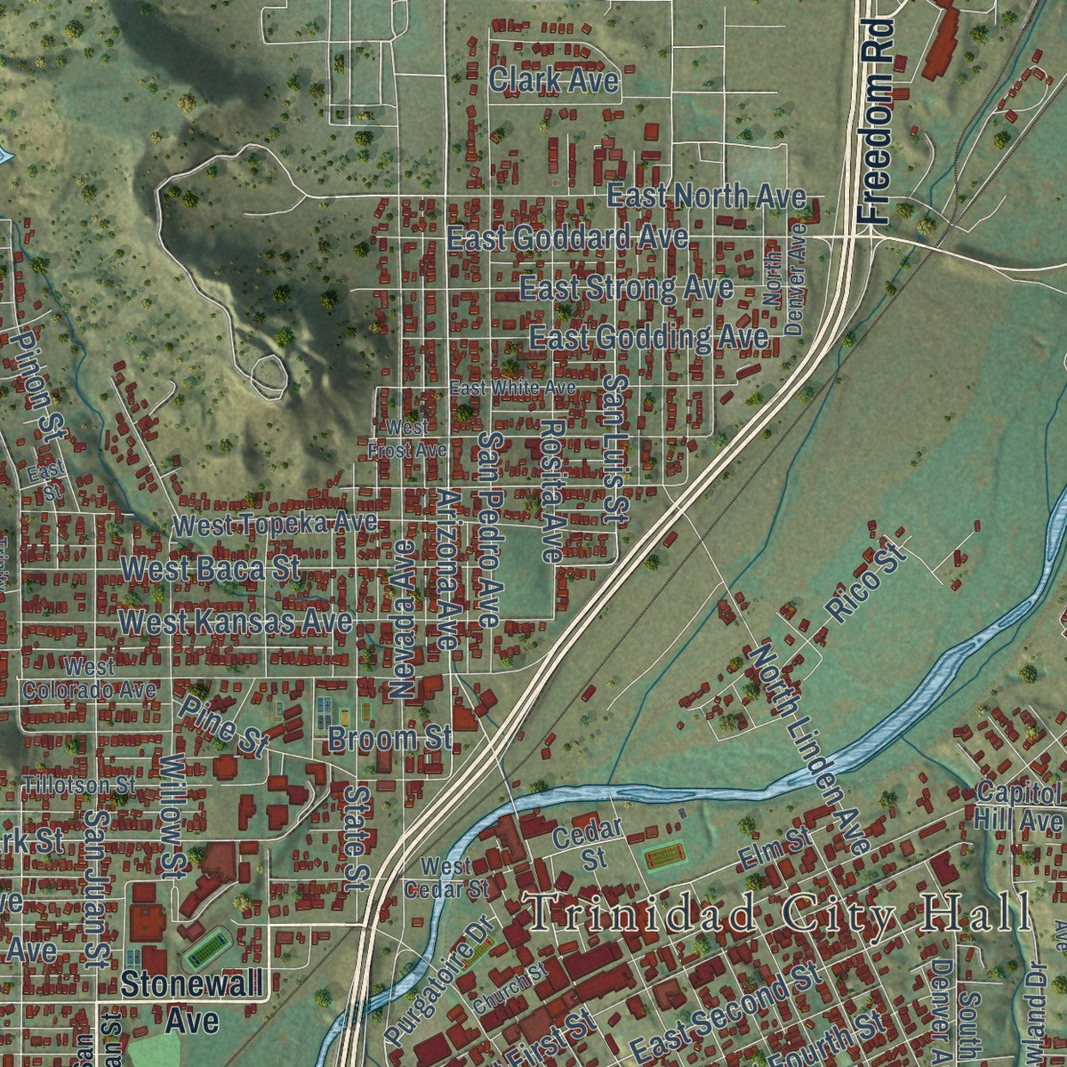 Close-up of the map of Trinidad, Colorado print showing street and building detail