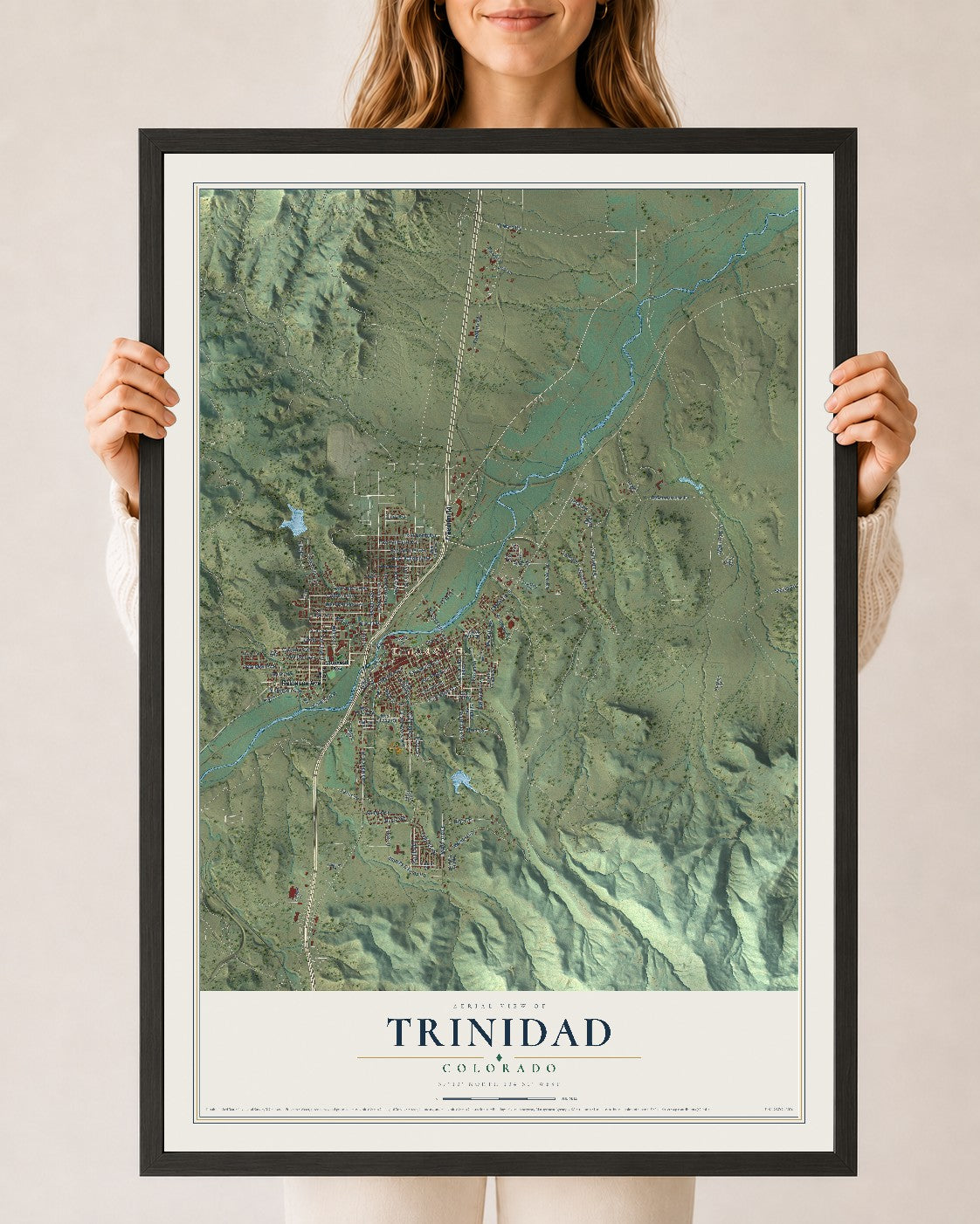 Map of Trinidad, Colorado, 24 x 36 inch print in a black wood frame