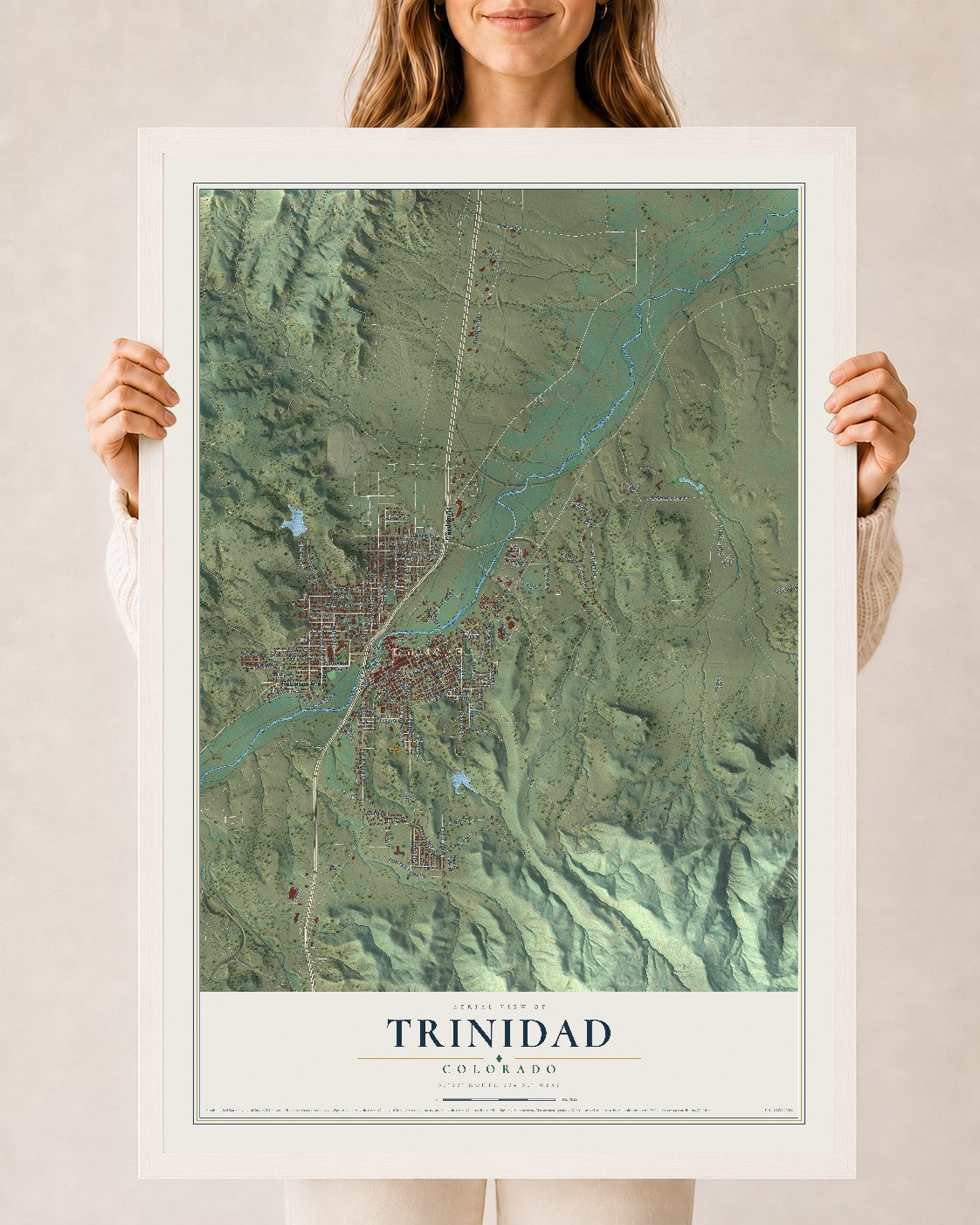 Map of Trinidad, Colorado, 24 x 36 inch print in a white wood frame