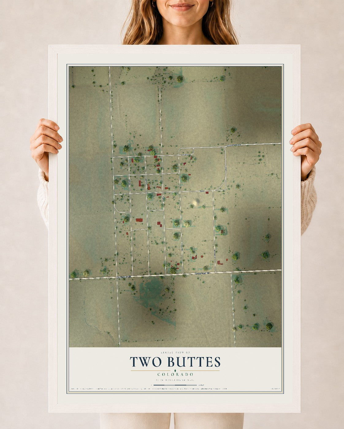Map of Two Buttes, Colorado, 24 x 36 inch print in a white wood frame