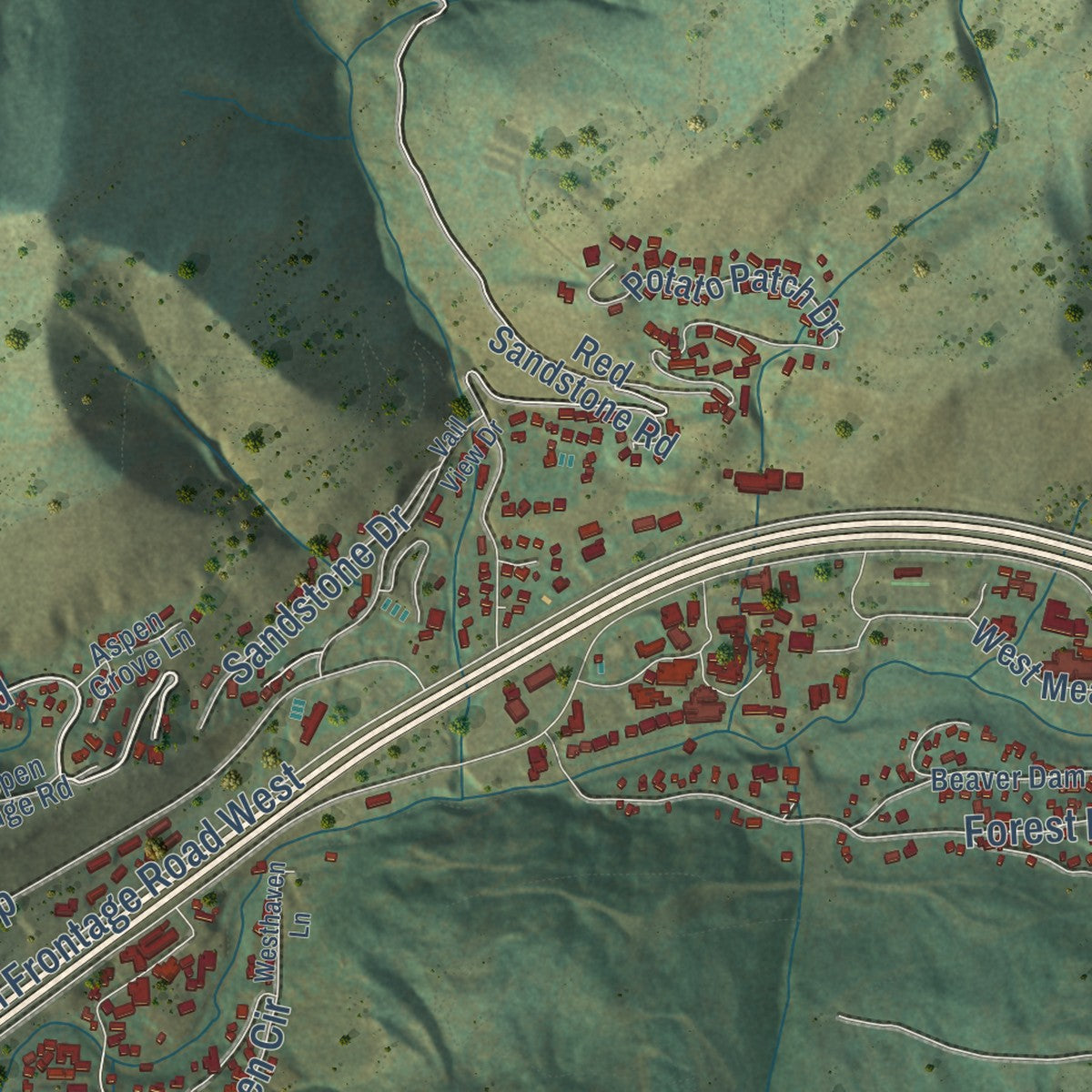 Close-up of the map of Vail, Colorado print showing street and building detail