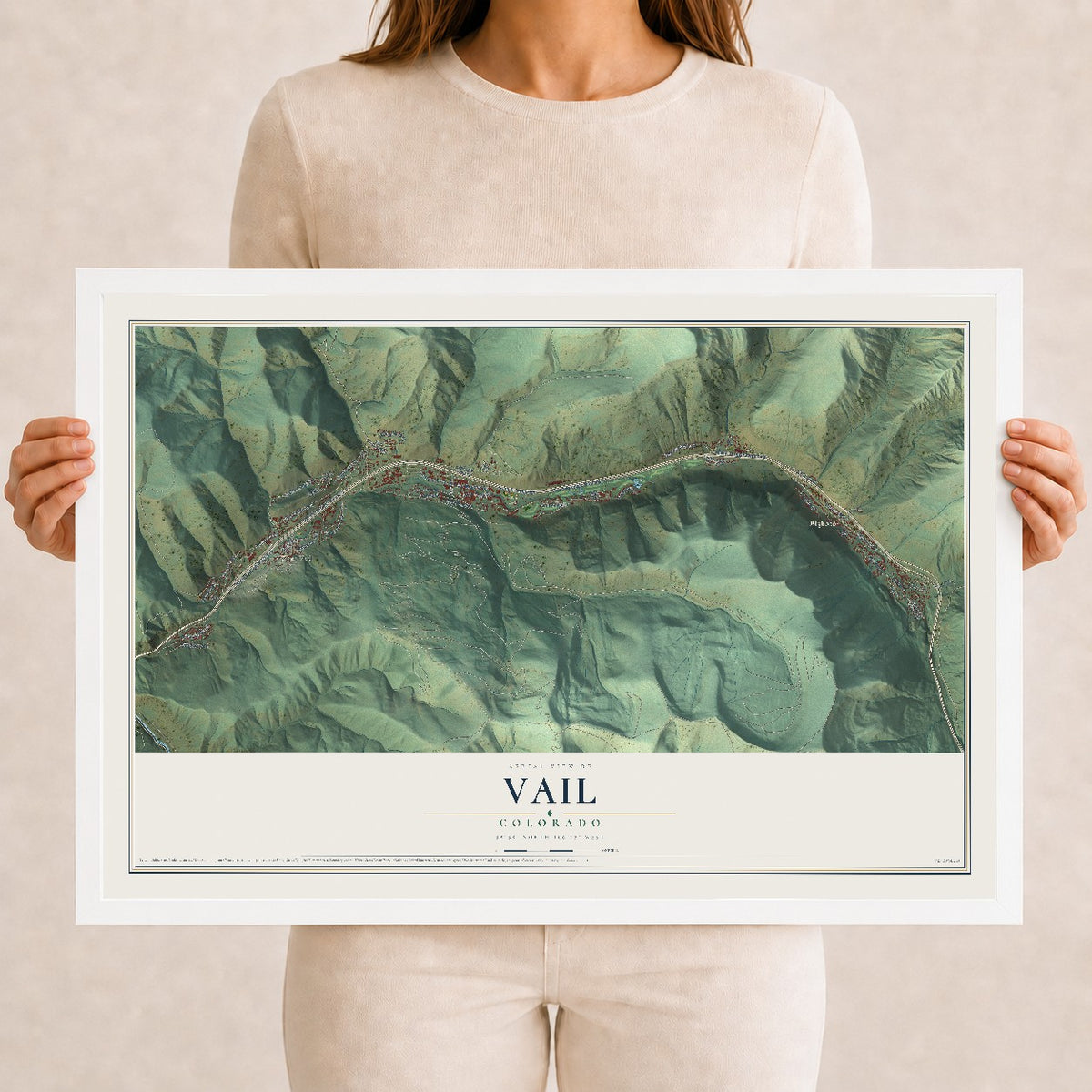 Map of Vail, Colorado, 12 x 18 inch print in a white wood frame