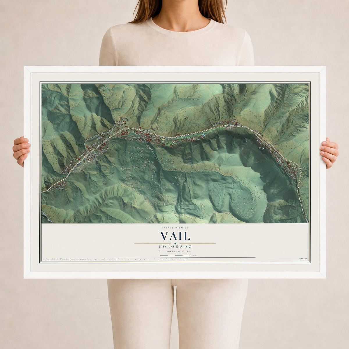 Map of Vail, Colorado, 24 x 36 inch print in a white wood frame