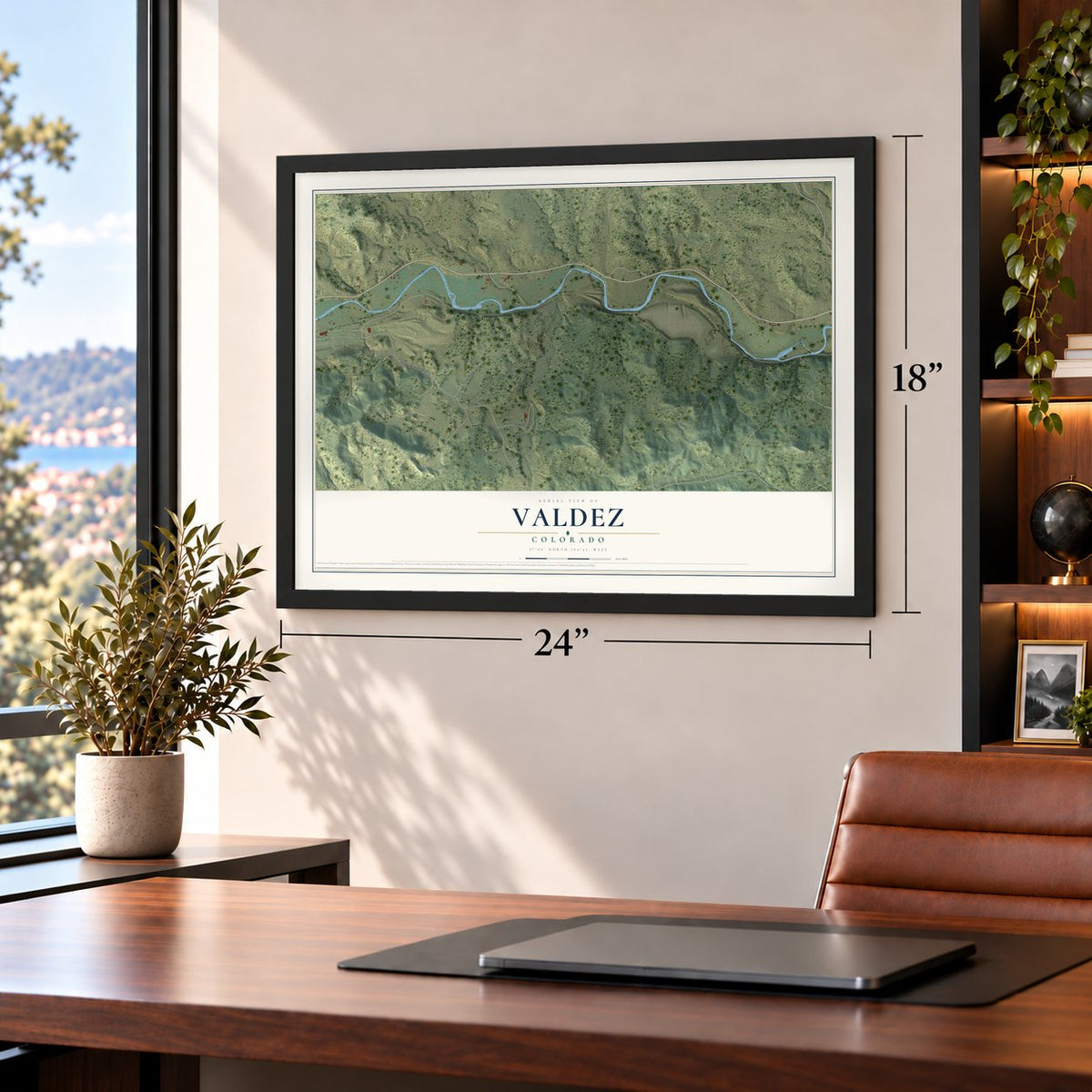 Valdez, Colorado map, 18 x 24 inch print in a black frame in a home office