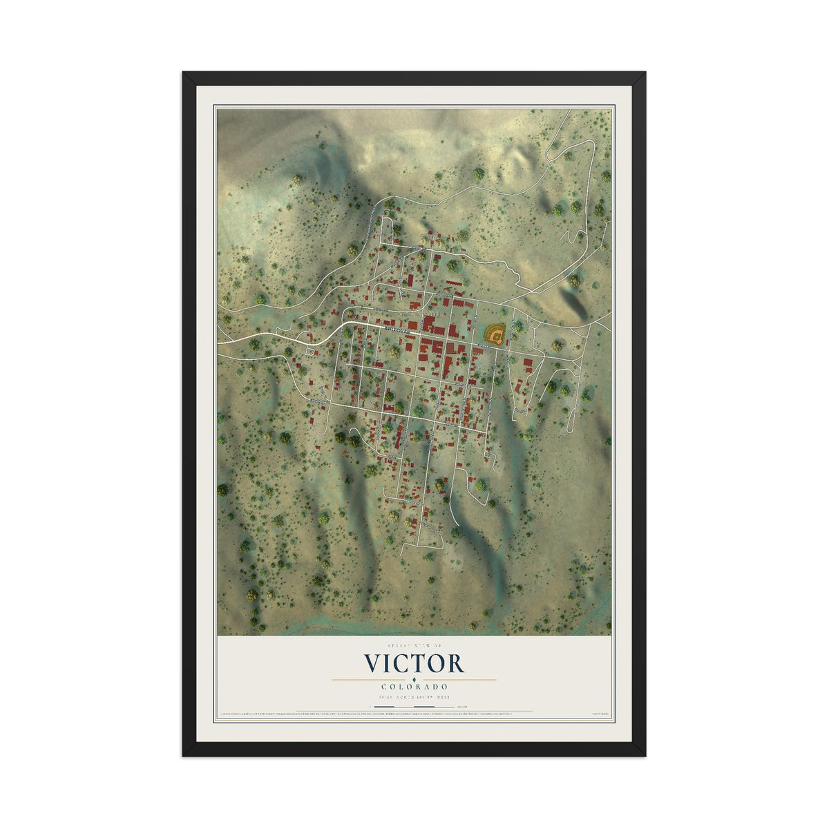 Map of Victor, Colorado, 12 x 18 inch print in a black wood frame