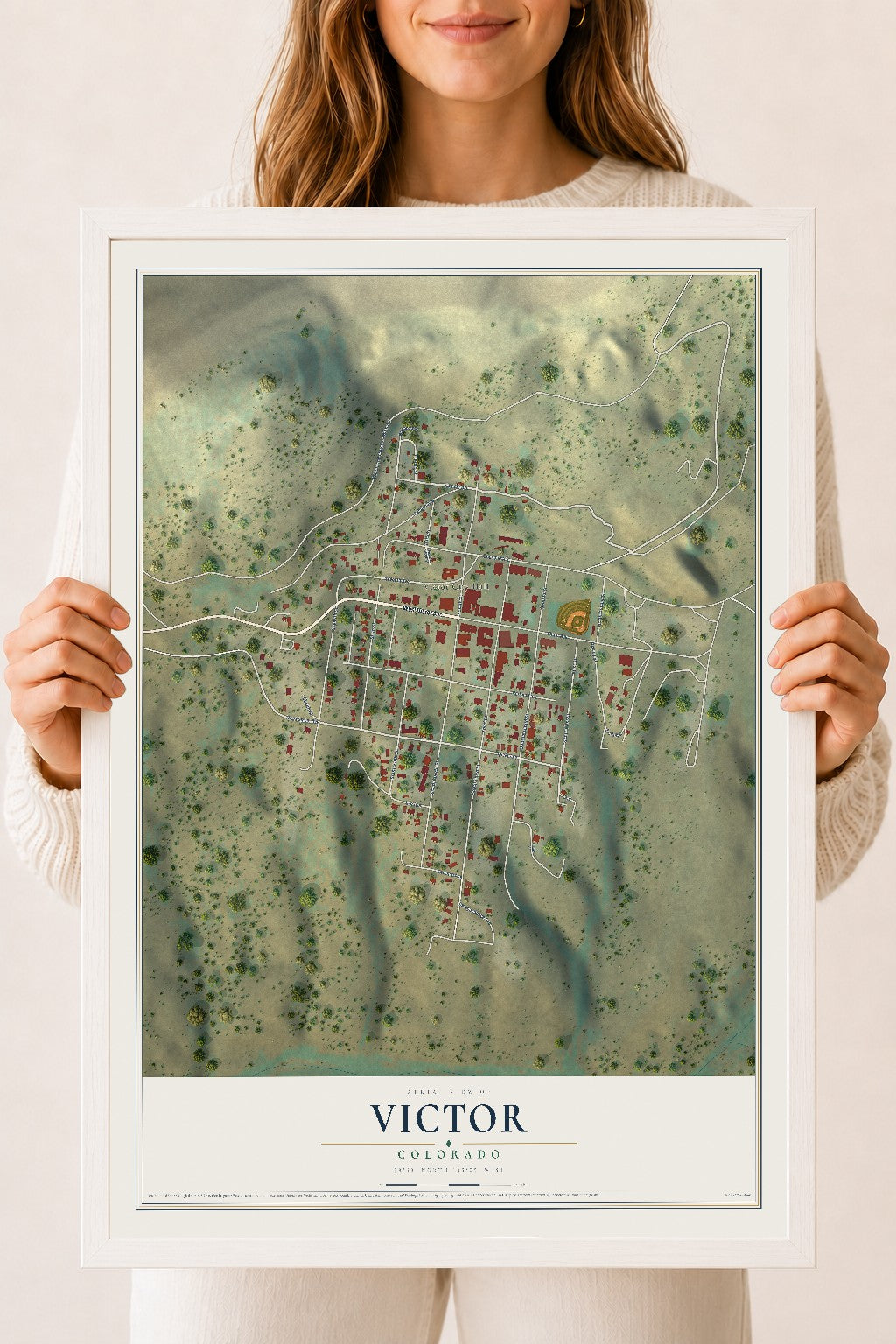 Map of Victor, Colorado, 18 x 24 inch print in a white wood frame