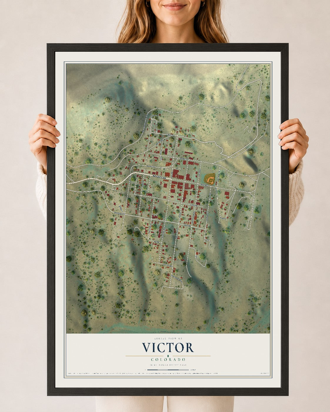 Map of Victor, Colorado, 24 x 36 inch print in a black wood frame