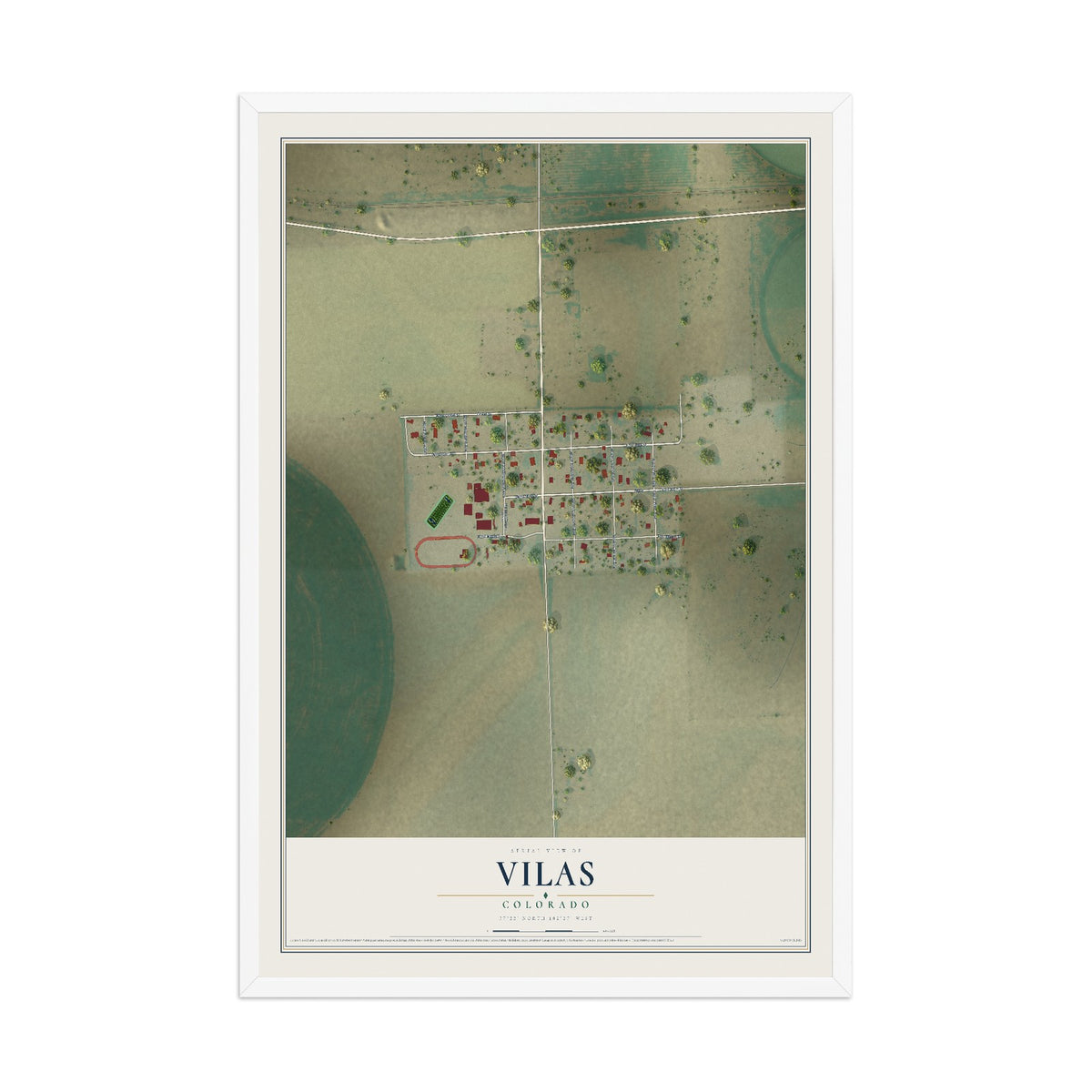 Map of Vilas, Colorado, 12 x 18 inch print in a white wood frame