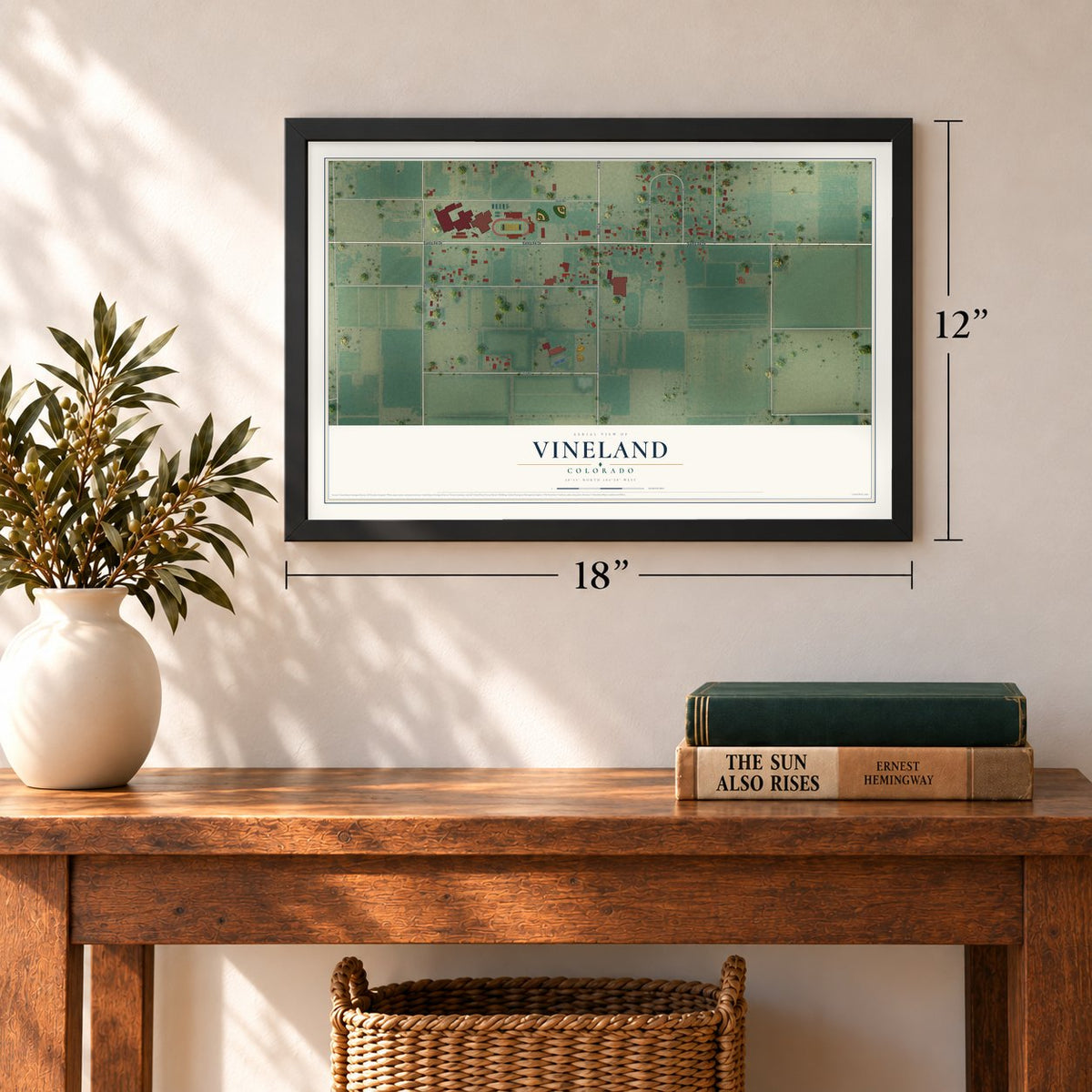 Vineland, Colorado map, 12 x 18 inch print in a black frame in an entryway