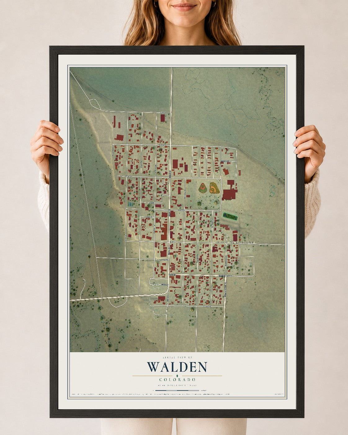 Map of Walden, Colorado, 24 x 36 inch print in a black wood frame