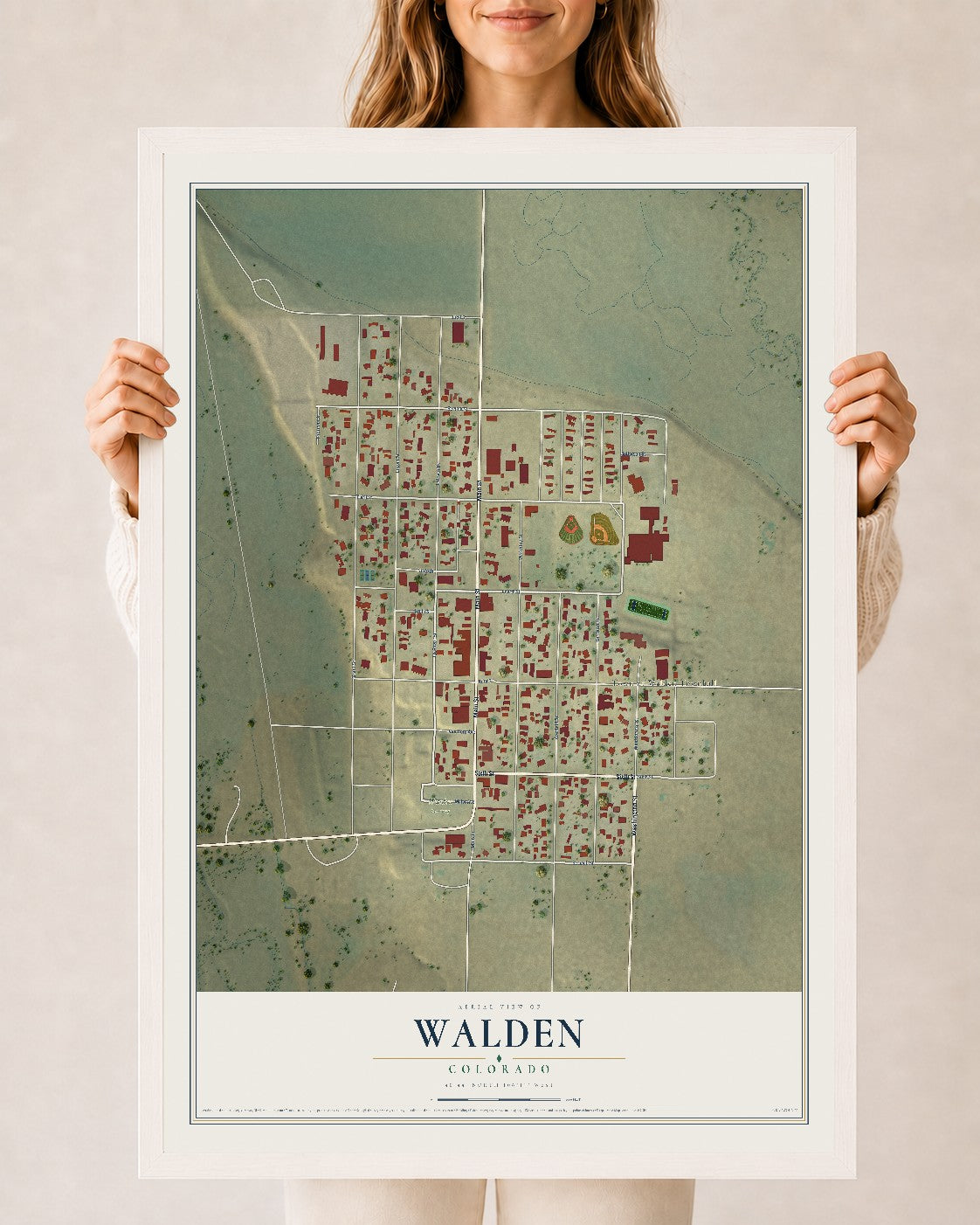 Map of Walden, Colorado, 24 x 36 inch print in a white wood frame