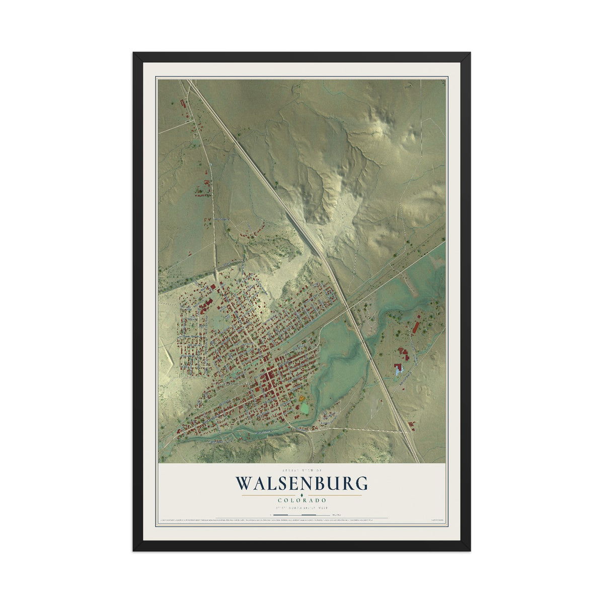 Map of Walsenburg, Colorado, 12 x 18 inch print in a black wood frame