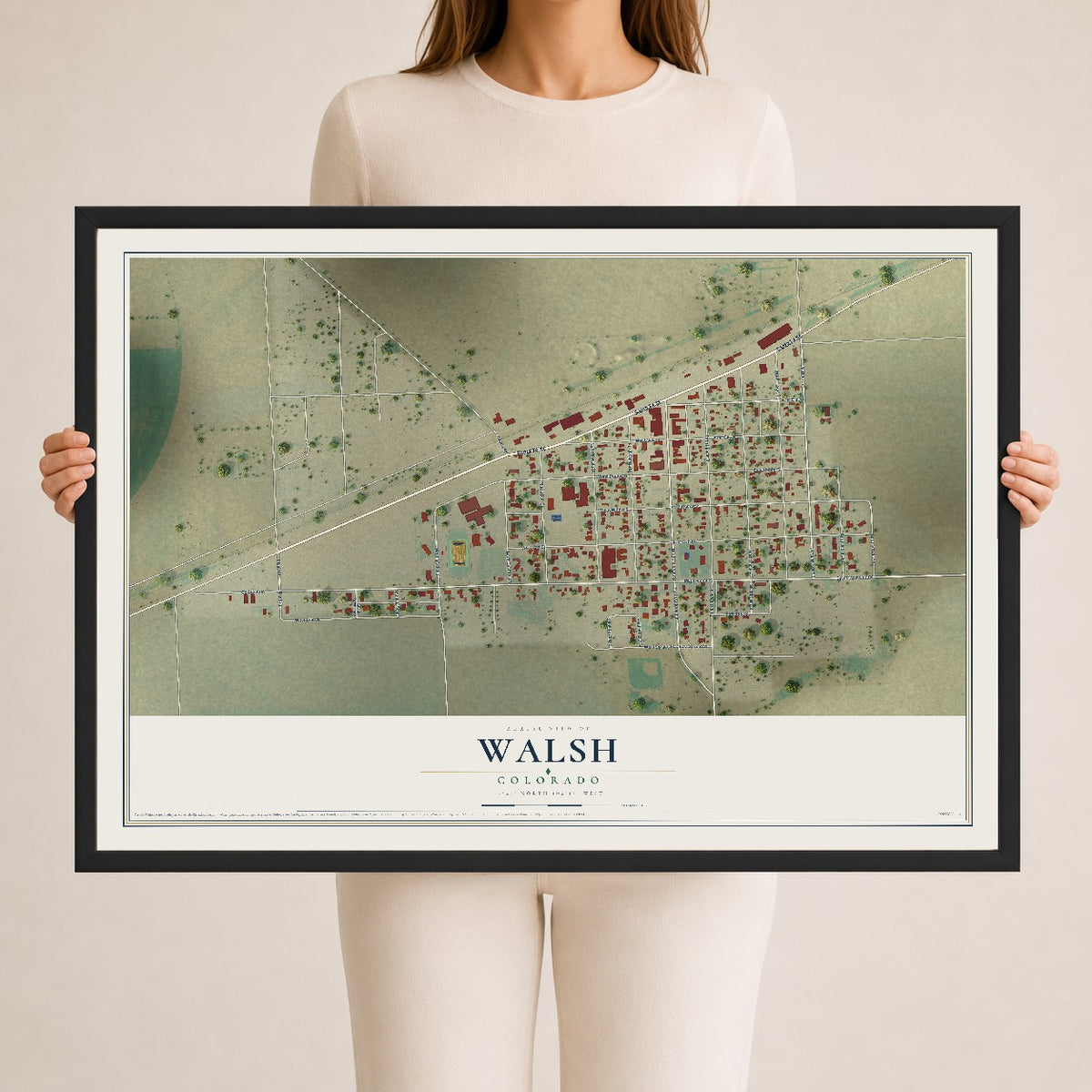 Map of Walsh, Colorado, 24 x 36 inch print in a black wood frame