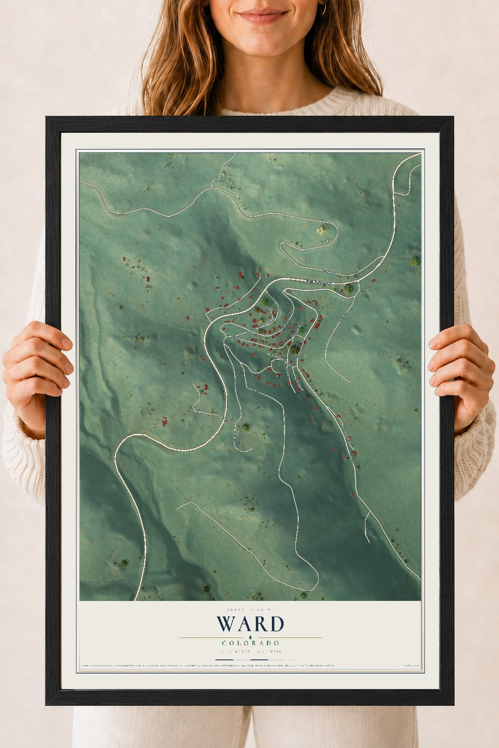Map of Ward, Colorado, 18 x 24 inch print in a black wood frame