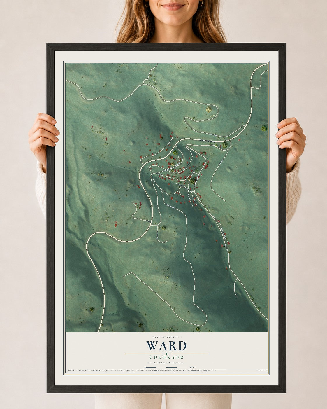 Map of Ward, Colorado, 24 x 36 inch print in a black wood frame