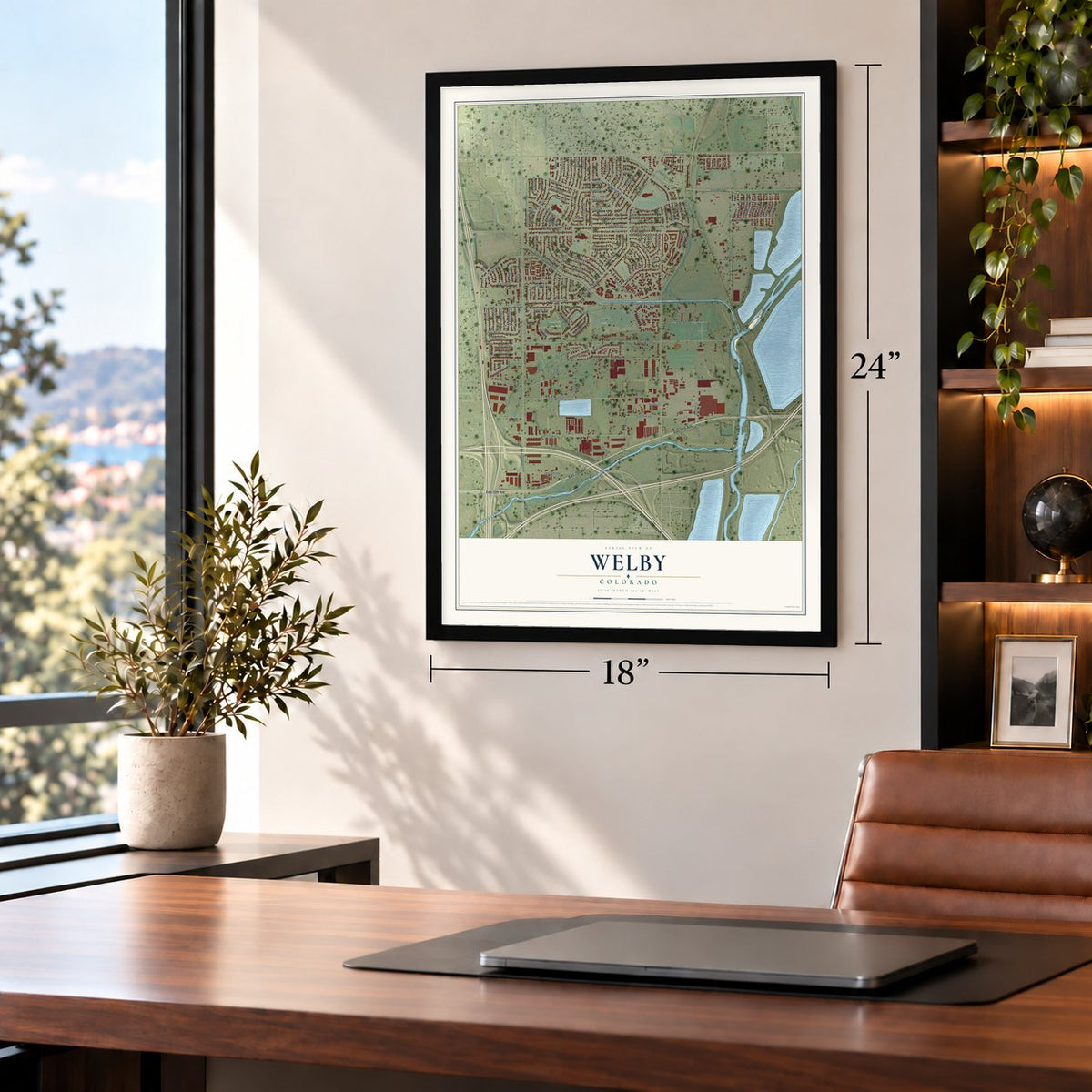 Welby, Colorado map, 18 x 24 inch print in a black frame in a home office