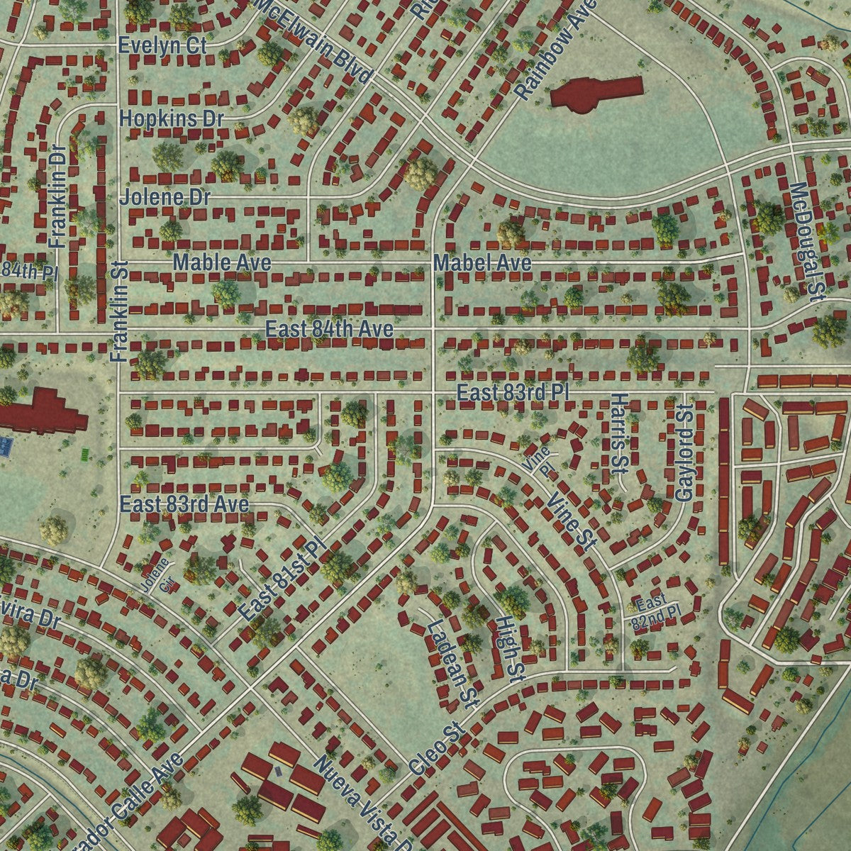 Close-up of the map of Welby, Colorado print showing street and building detail