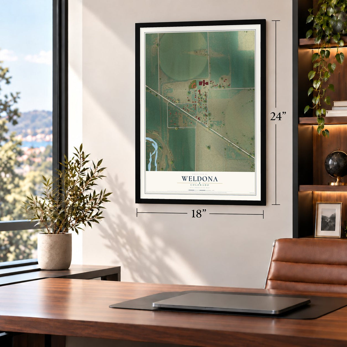 Weldona, Colorado map, 18 x 24 inch print in a black frame in a home office