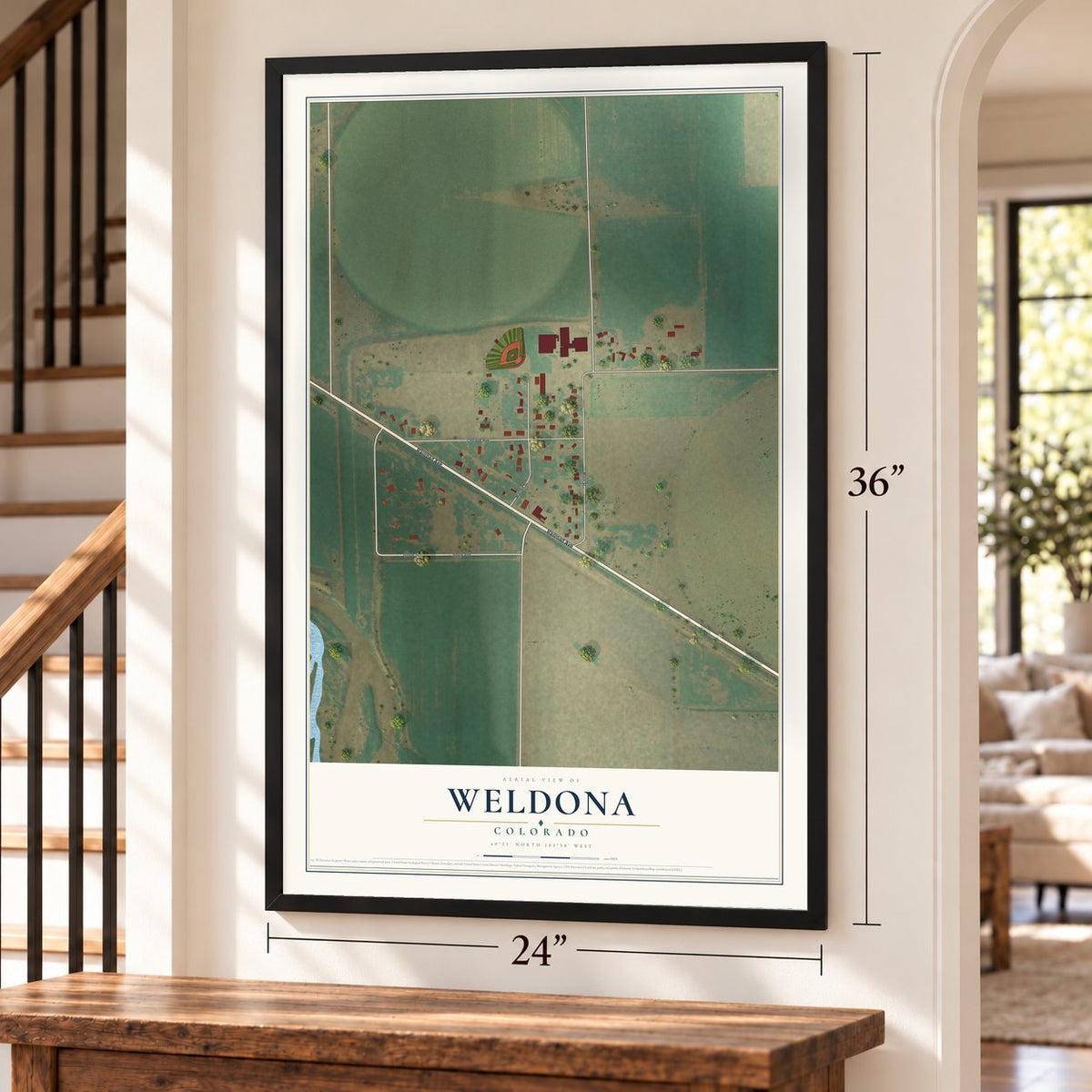 Weldona, Colorado map, 24 x 36 inch print in a black frame by a staircase