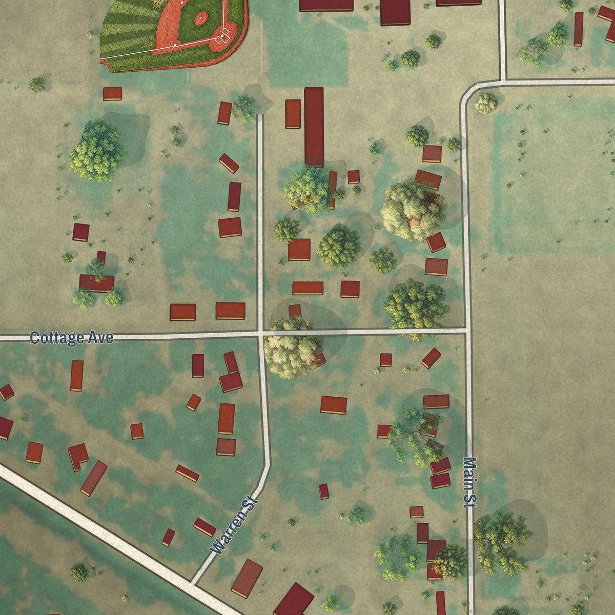 Close-up of the map of Weldona, Colorado print showing street and building detail