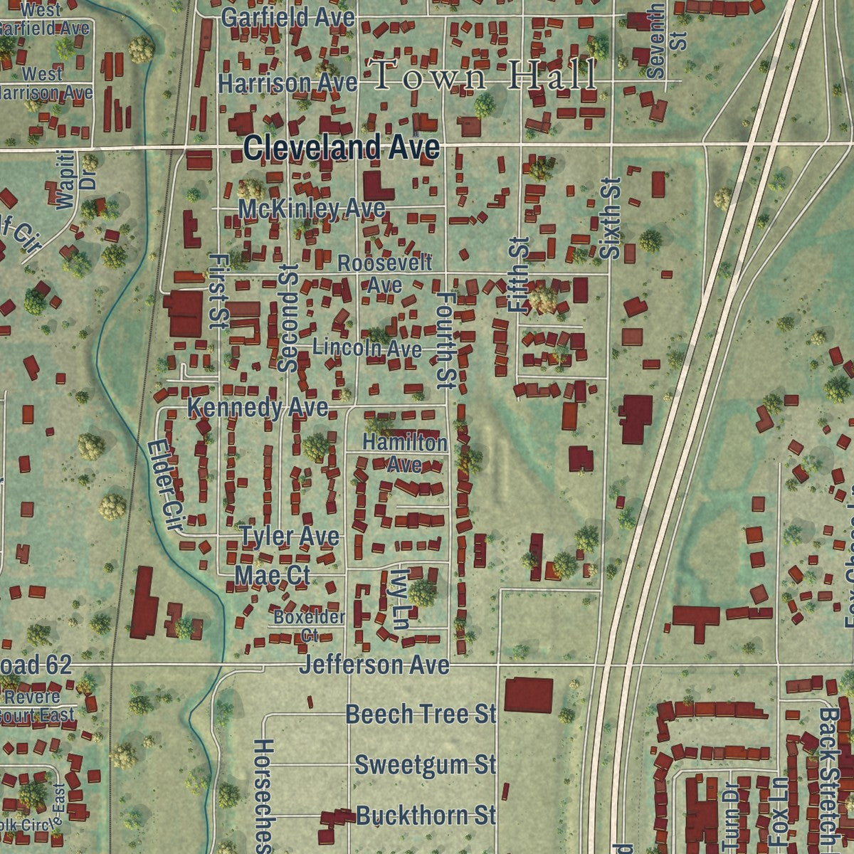 Close-up of the map of Wellington, Colorado print showing street and building detail