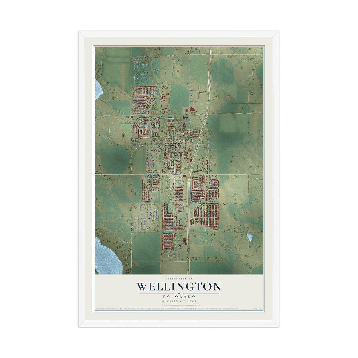 Map of Wellington, Colorado, 12 x 18 inch print in a white wood frame