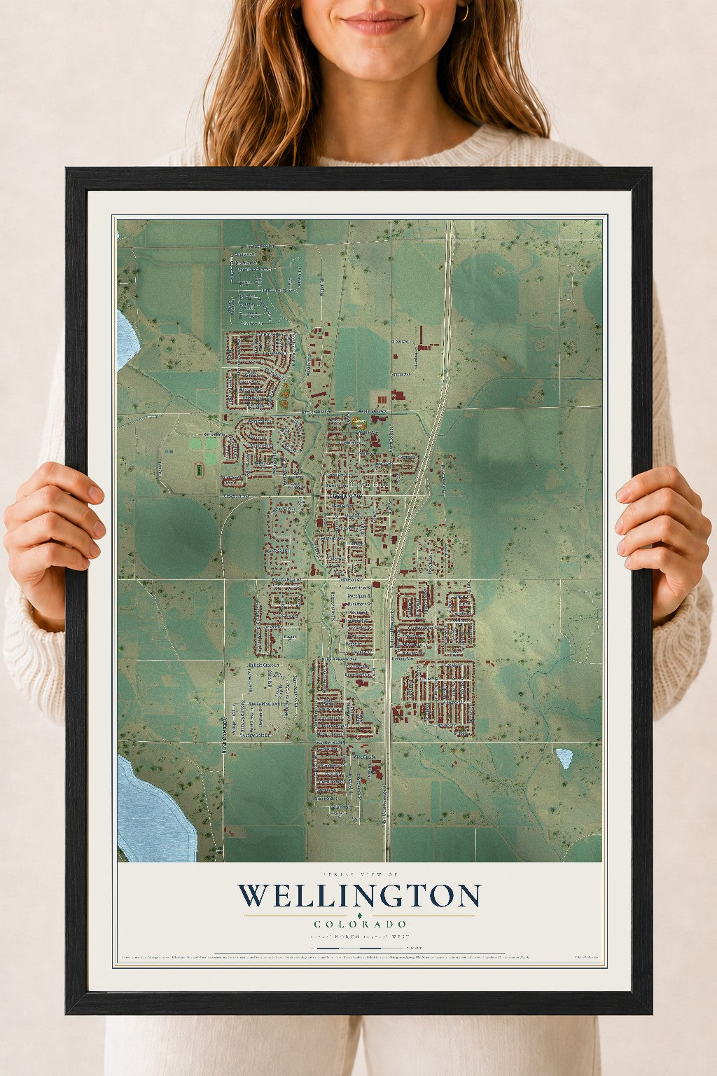 Map of Wellington, Colorado, 18 x 24 inch print in a black wood frame