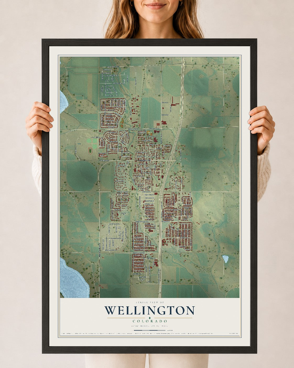Map of Wellington, Colorado, 24 x 36 inch print in a black wood frame