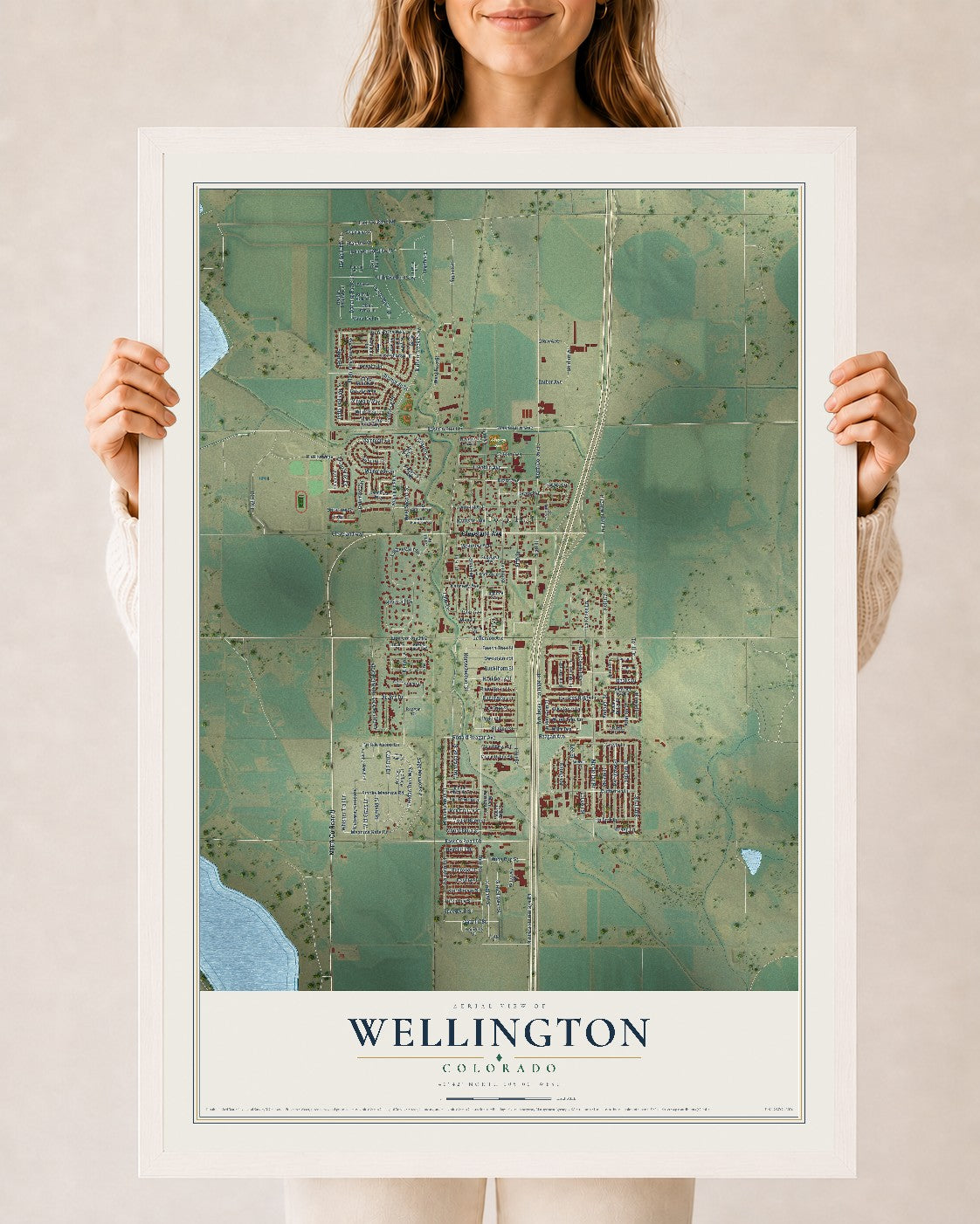 Map of Wellington, Colorado, 24 x 36 inch print in a white wood frame