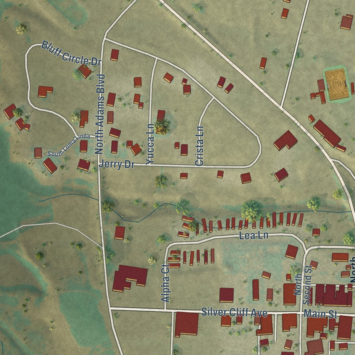 Second close-up of the map of Westcliffe, Colorado print showing more streets and buildings