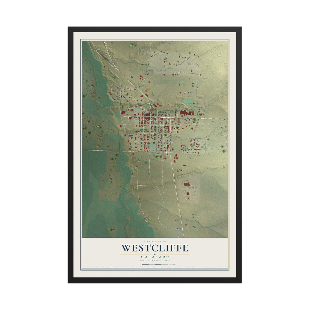 Map of Westcliffe, Colorado, 12 x 18 inch print in a black wood frame