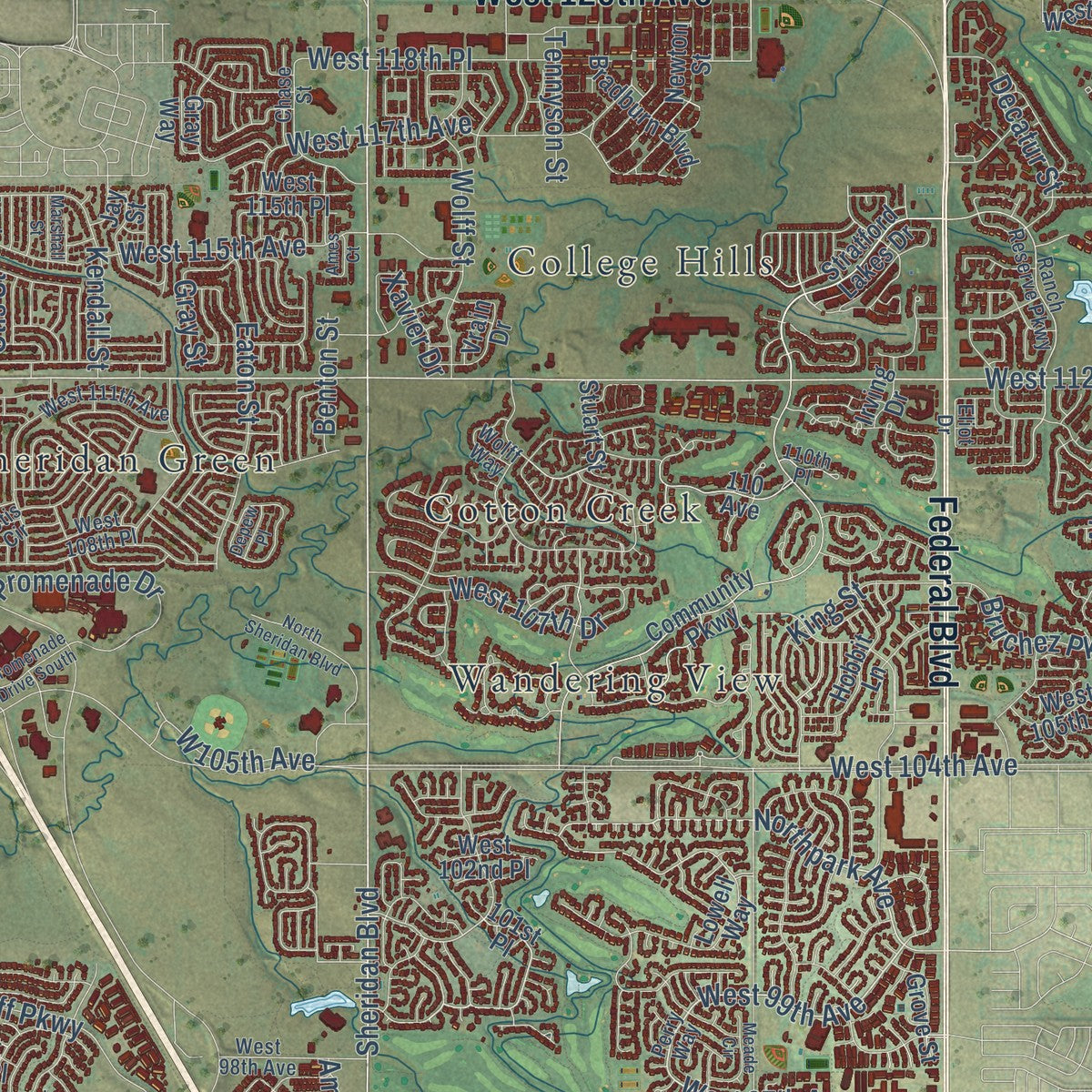 Close-up of the map of Westminster, Colorado print showing street and building detail