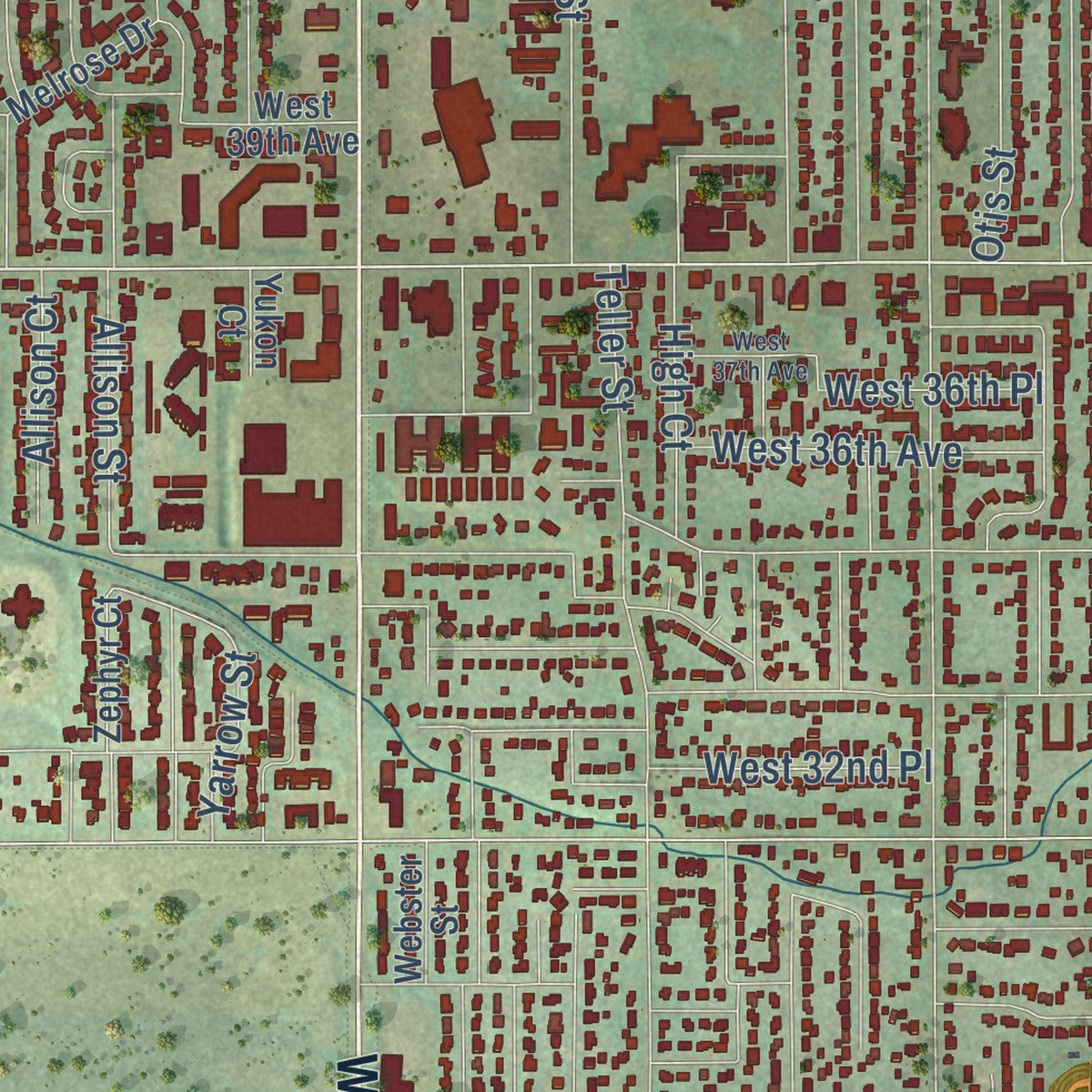 Close-up of the map of Wheat Ridge, Colorado print showing street and building detail